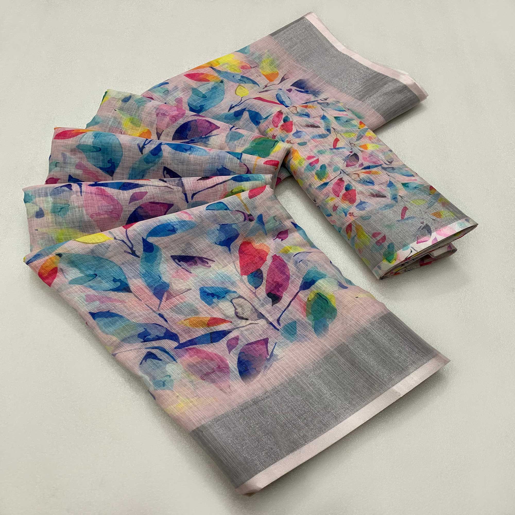 Peachmode Light Pink Printed Soft Linen Saree