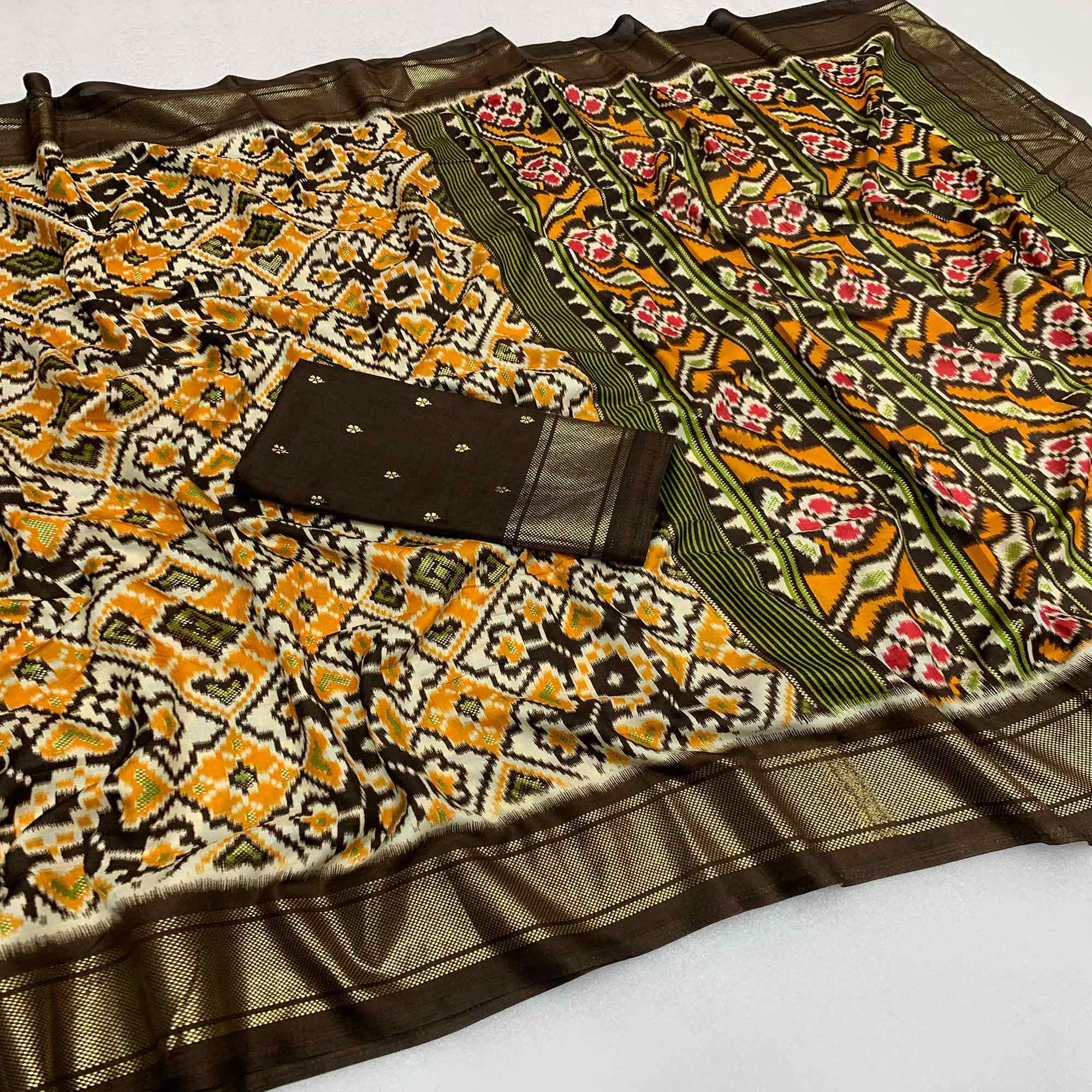 Peachmode Brown Patola Printed Dola Silk Saree