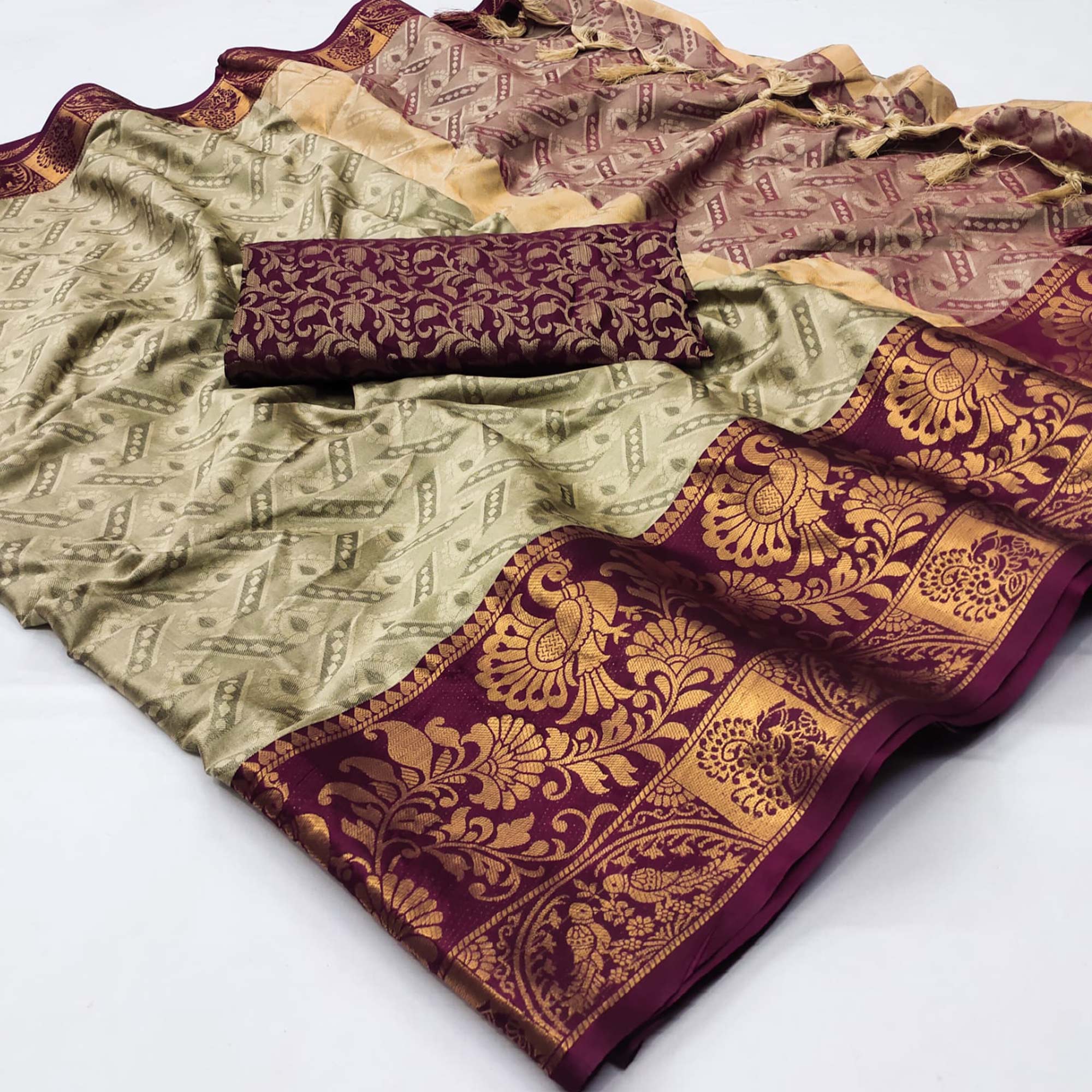 Peachmode Chikoo Woven Cotton Silk Saree With Tassels