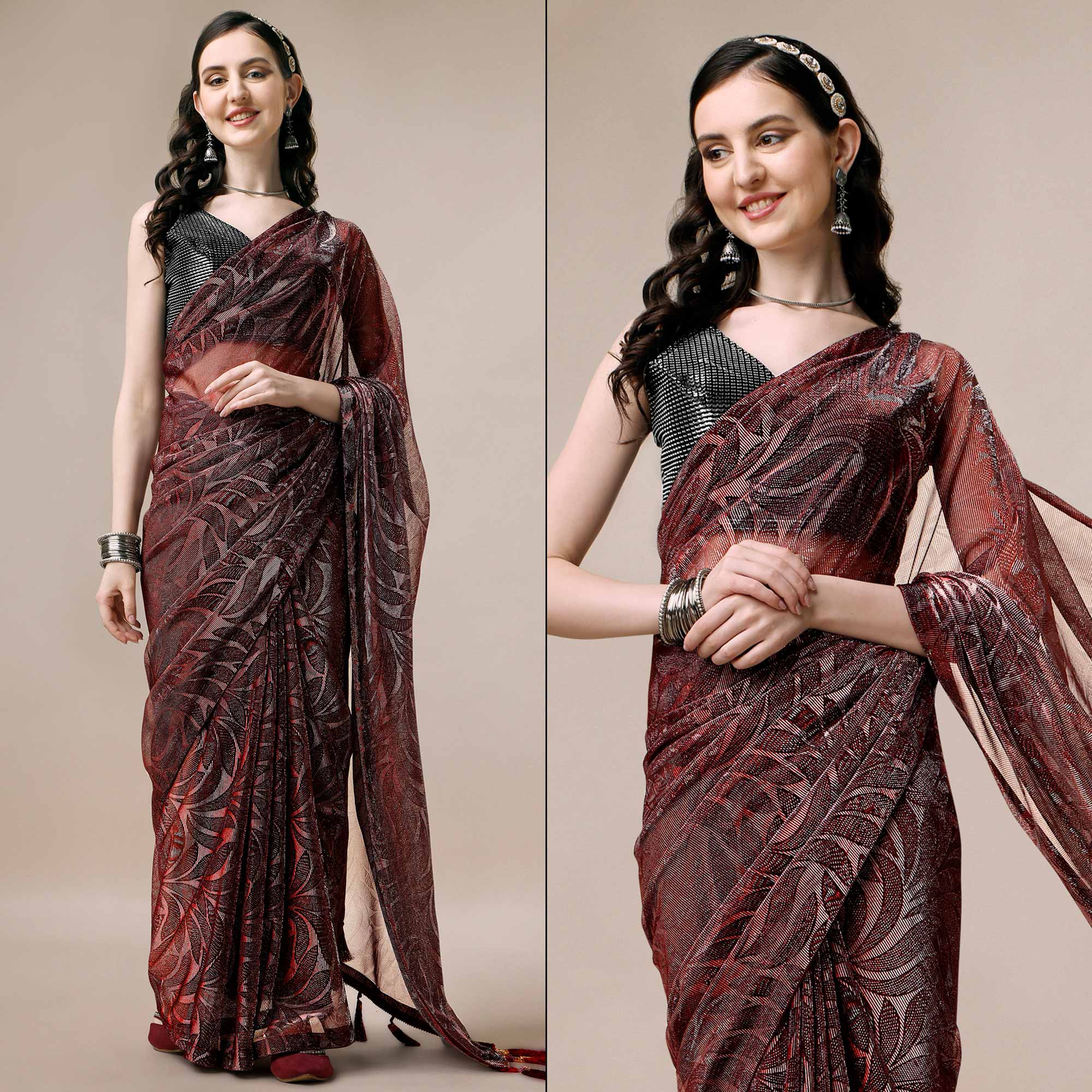 Peachmode Maroon Floral Printed Rayon Saree – Women's