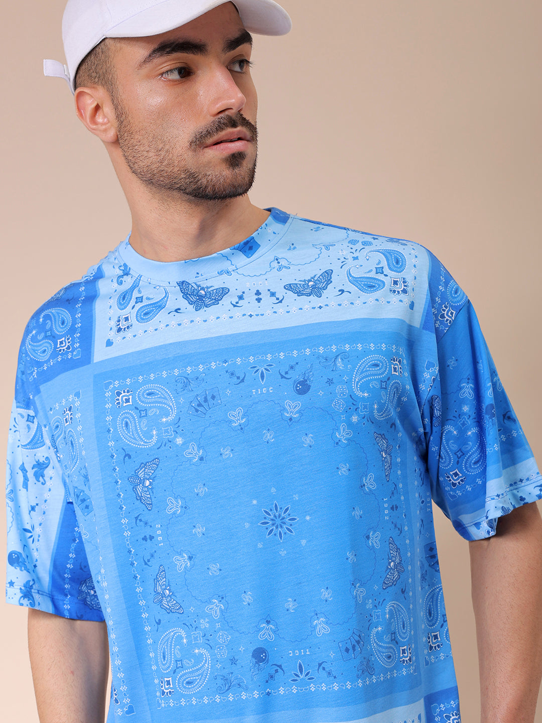 The Indian Garage Co Men's Blue Oversized Paisley Printed T-Shirt