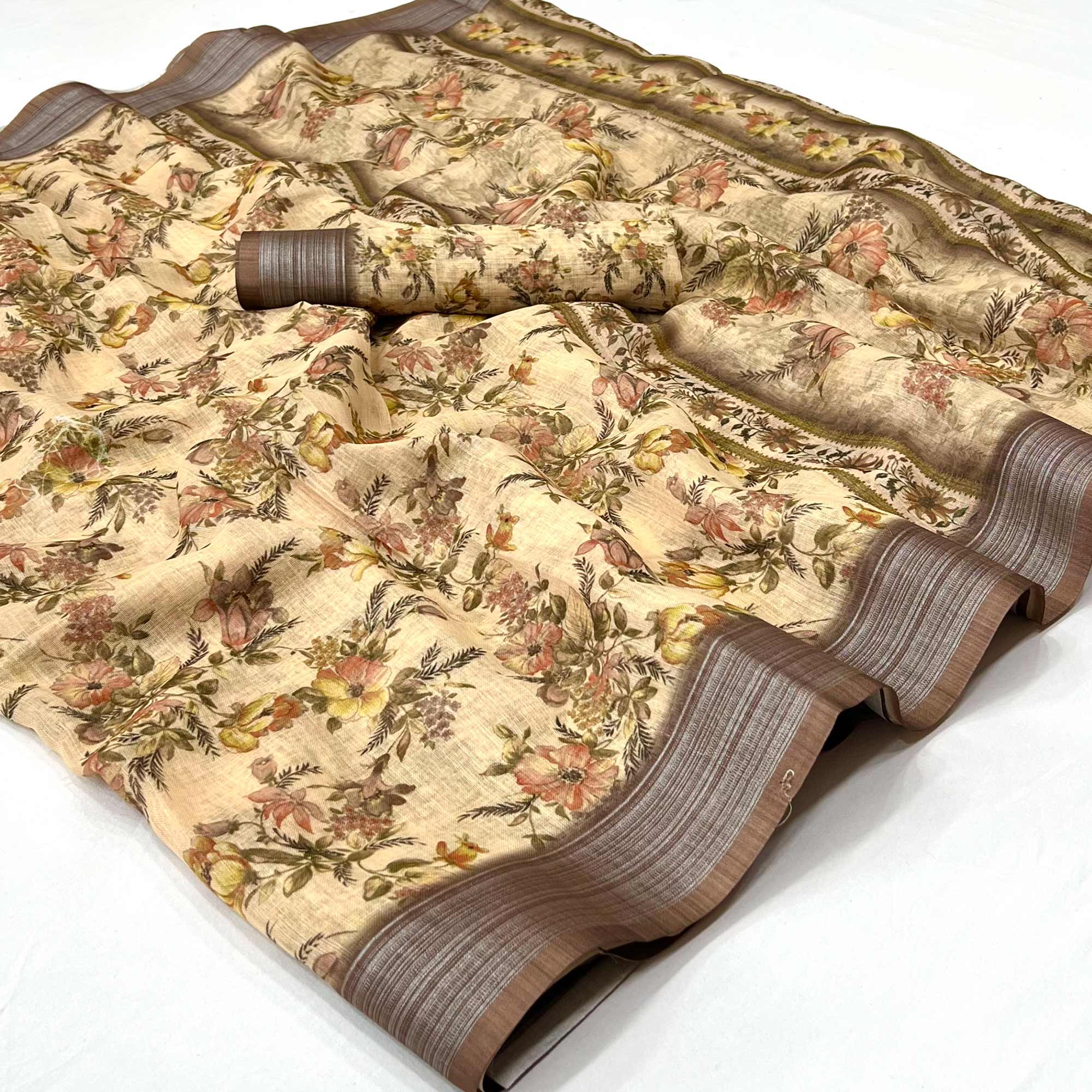 Peachmode Chikoo Digital Printed Linen Saree – Women's
