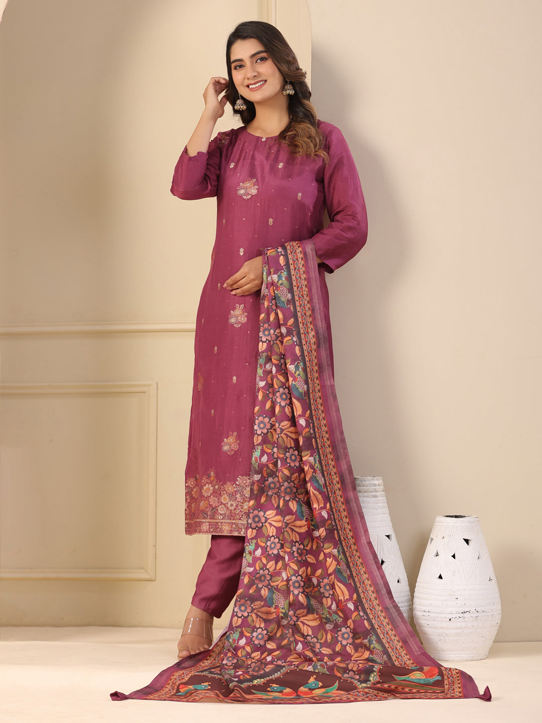 Fashor Ethnic Jacquard Woven Straight Kurta with Pant & Dupatta - Purple - view 6