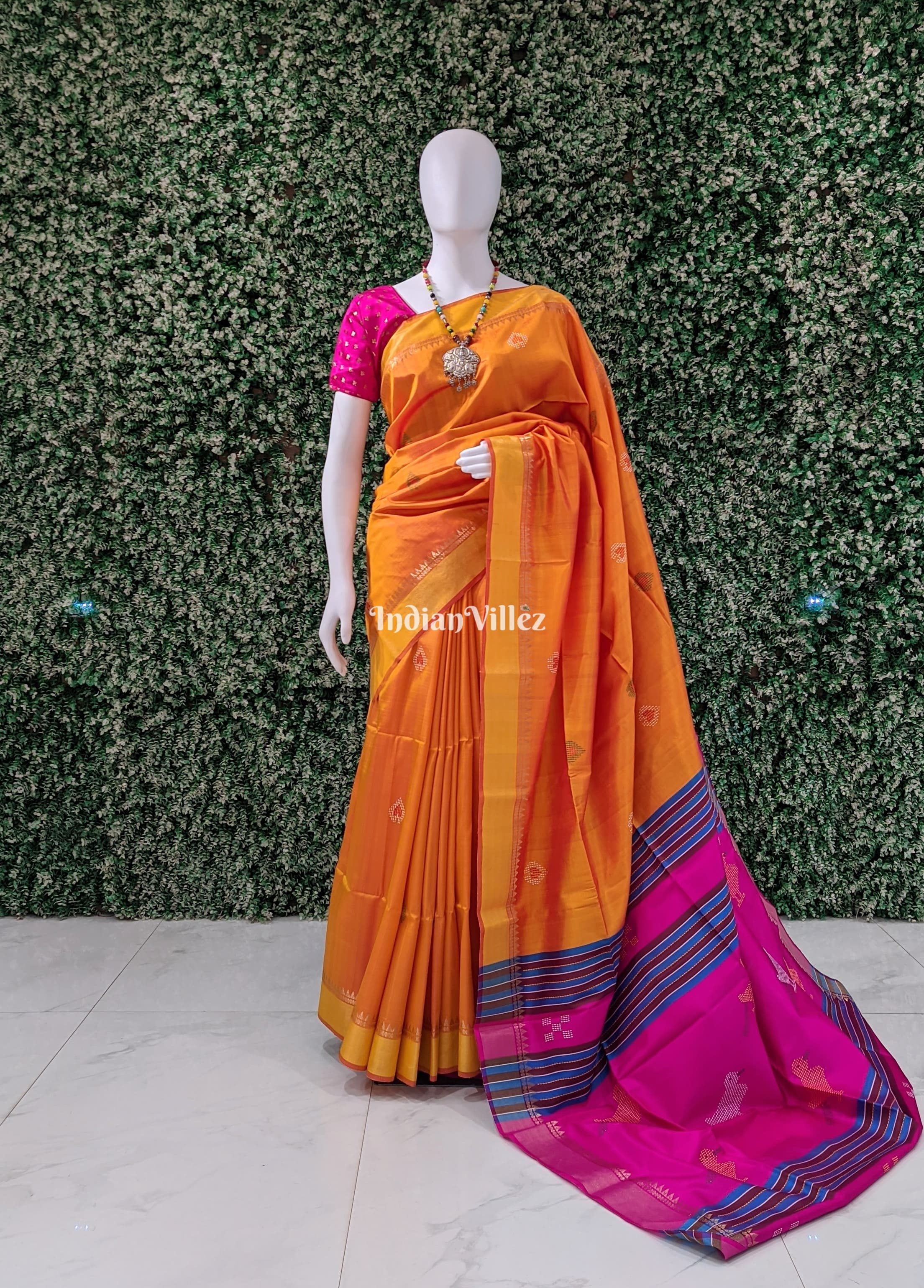 IndianVillèz Mustard Orange Rani Handwoven Bishnupuri Silk Saree