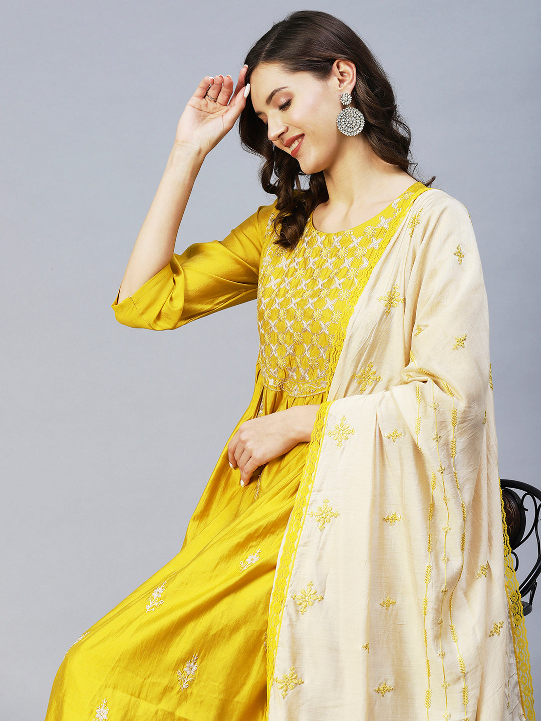 Fashor Ethnic Embroidered A-Line Kurta with Pant & Dupatta - Yellow - view 4