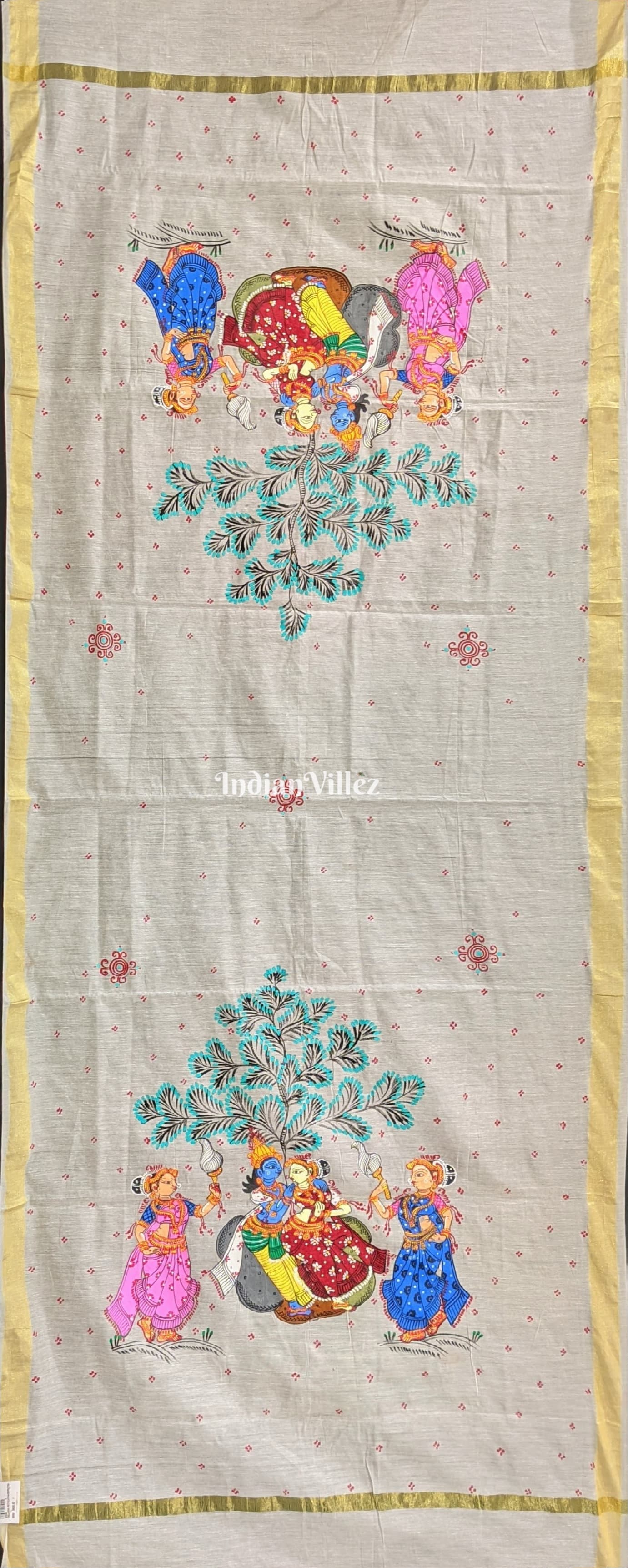 IndianVillèz White Radha Krishna Rasa Theme Patachitra Chanderi Dupatta