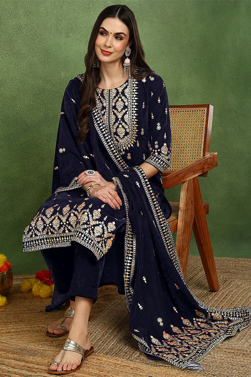 Ahika Navy Blue Velvet Ethnic Motifs Printed Straight Suit Set PKSKD2771 - view 2