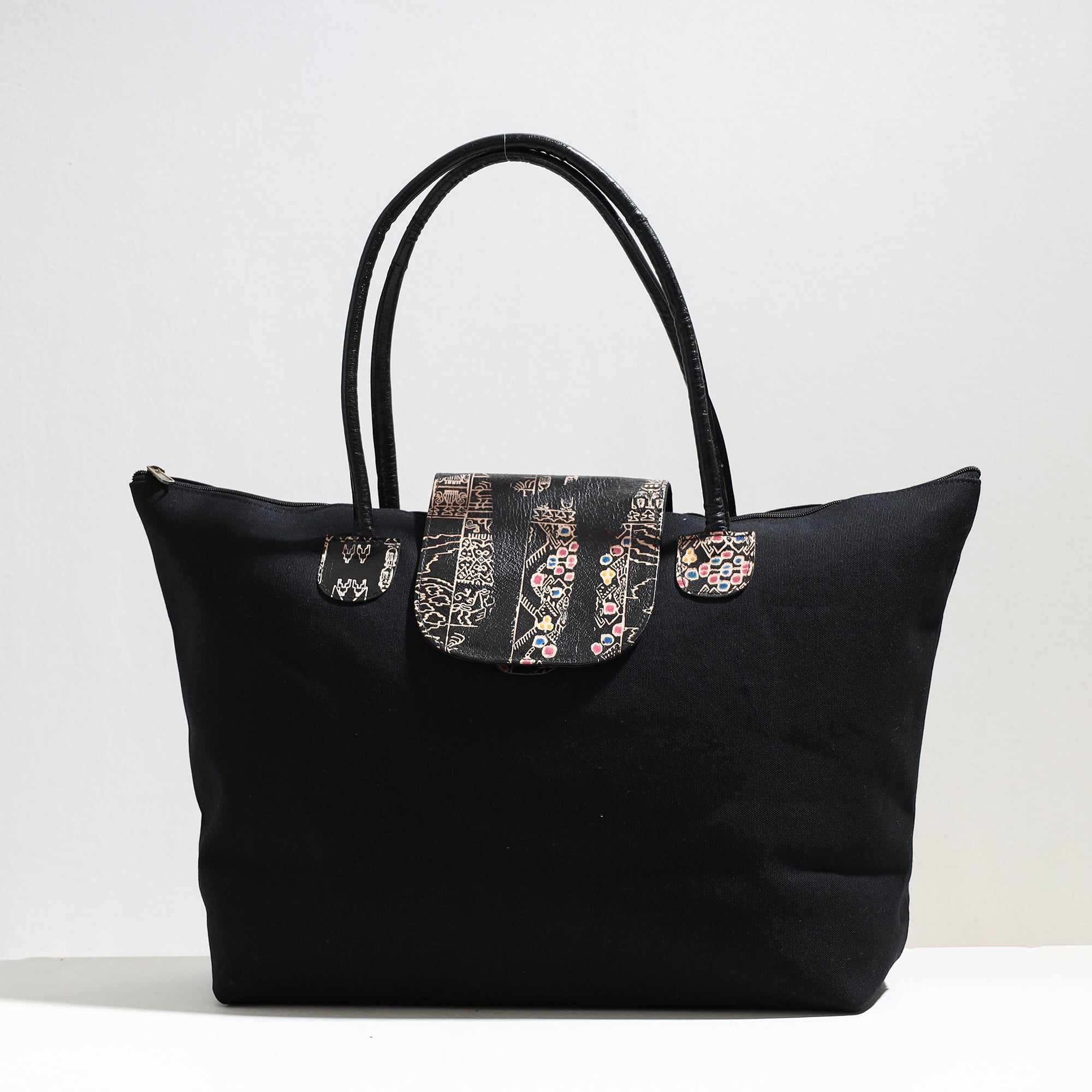 SASHA Black - Handcrafted Canvas Cotton & Embossed Leather Flap Tote Bag