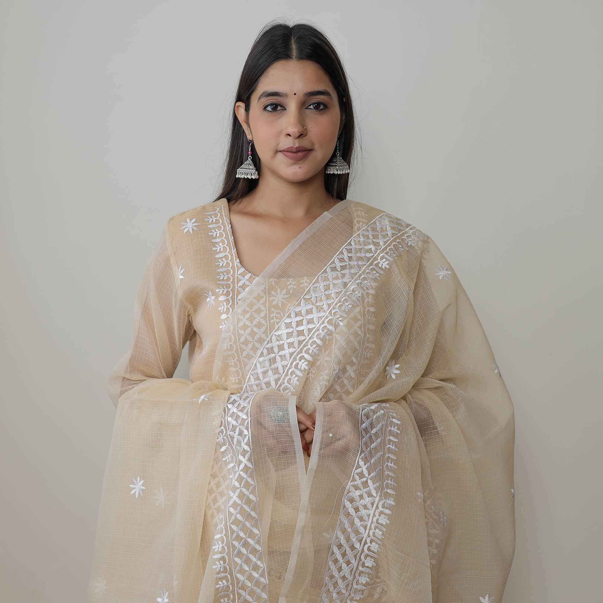 ITOKRI CASUALS Beige - Kota Doria Cotton Embroidery Kurta Suit Set 10 - view 4