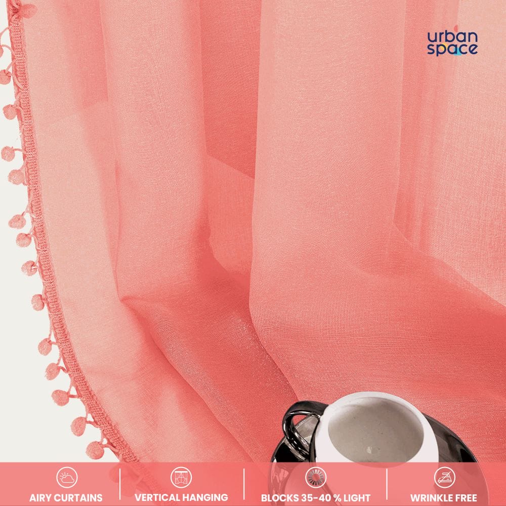Urban Space -Home Furnishing Store Sheer Curtain for Living Room with linen texture, Net Curtain for balcony, Pack of 2 Curtains - Peach with pom pom - view 2