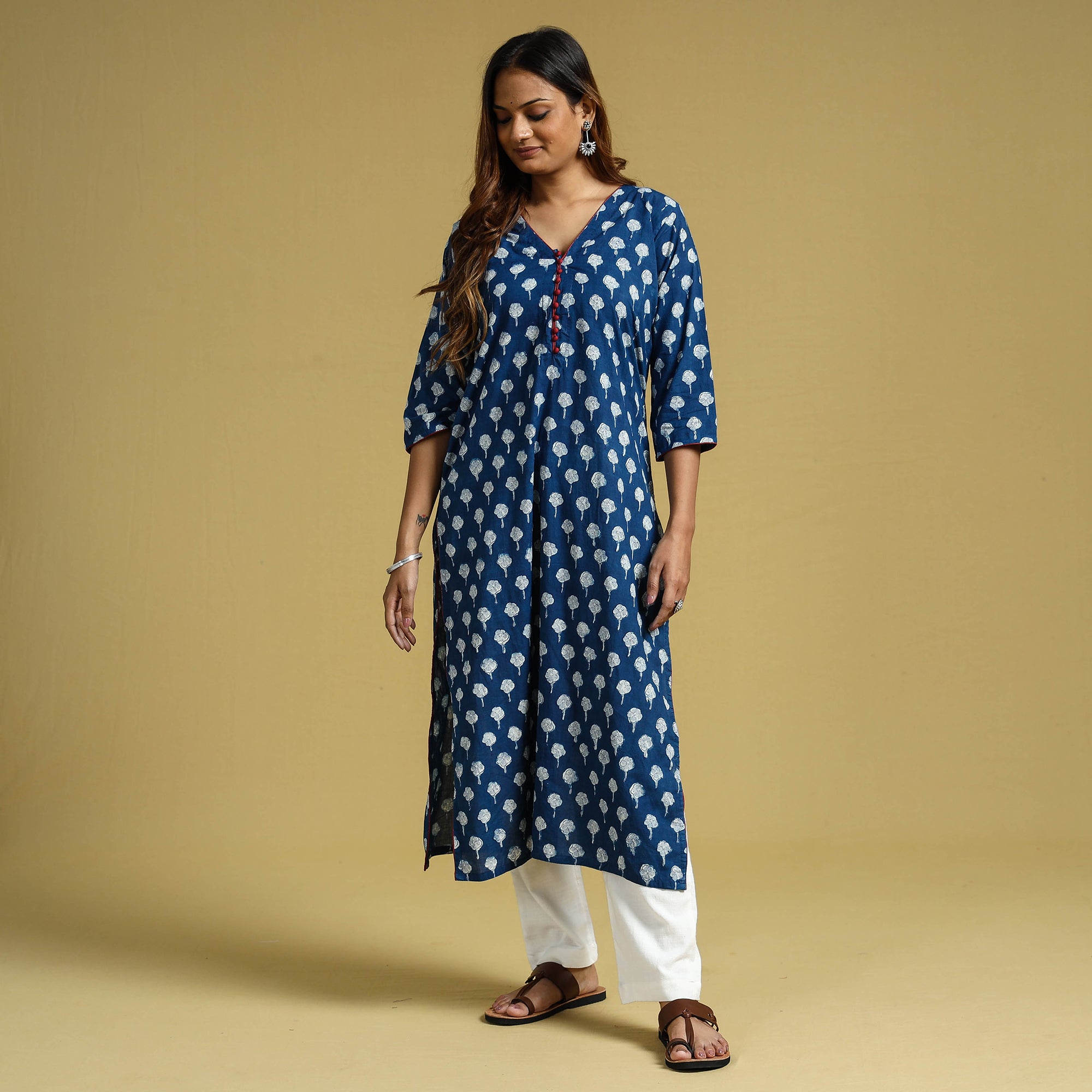 ITOKRI CASUALS Blue - Dabu Block Printed Cotton Straight Long Kurta - view 4