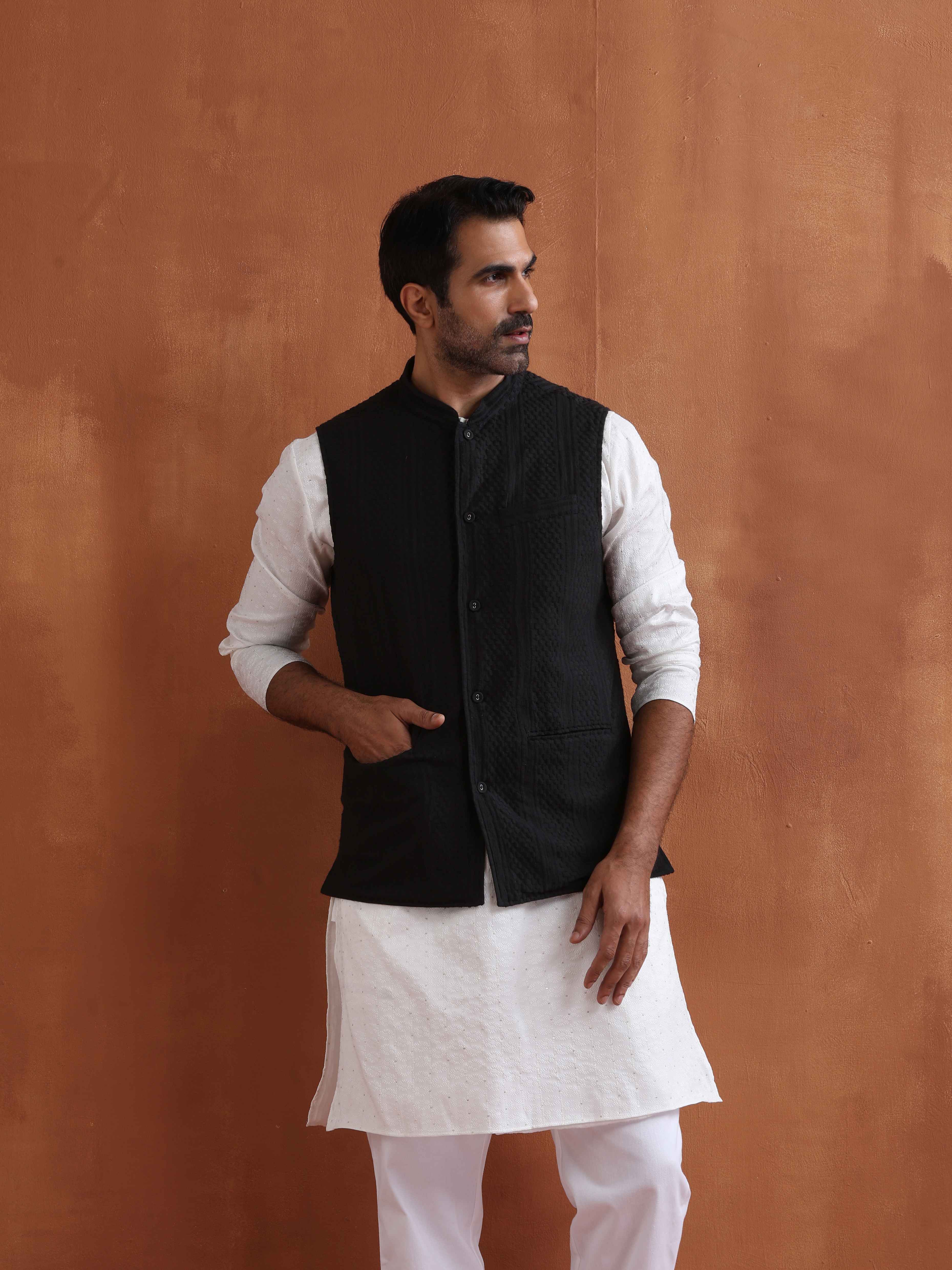 trueBrowns Men's Black Textured Cotton Dobby Nehru Jacket - view 3