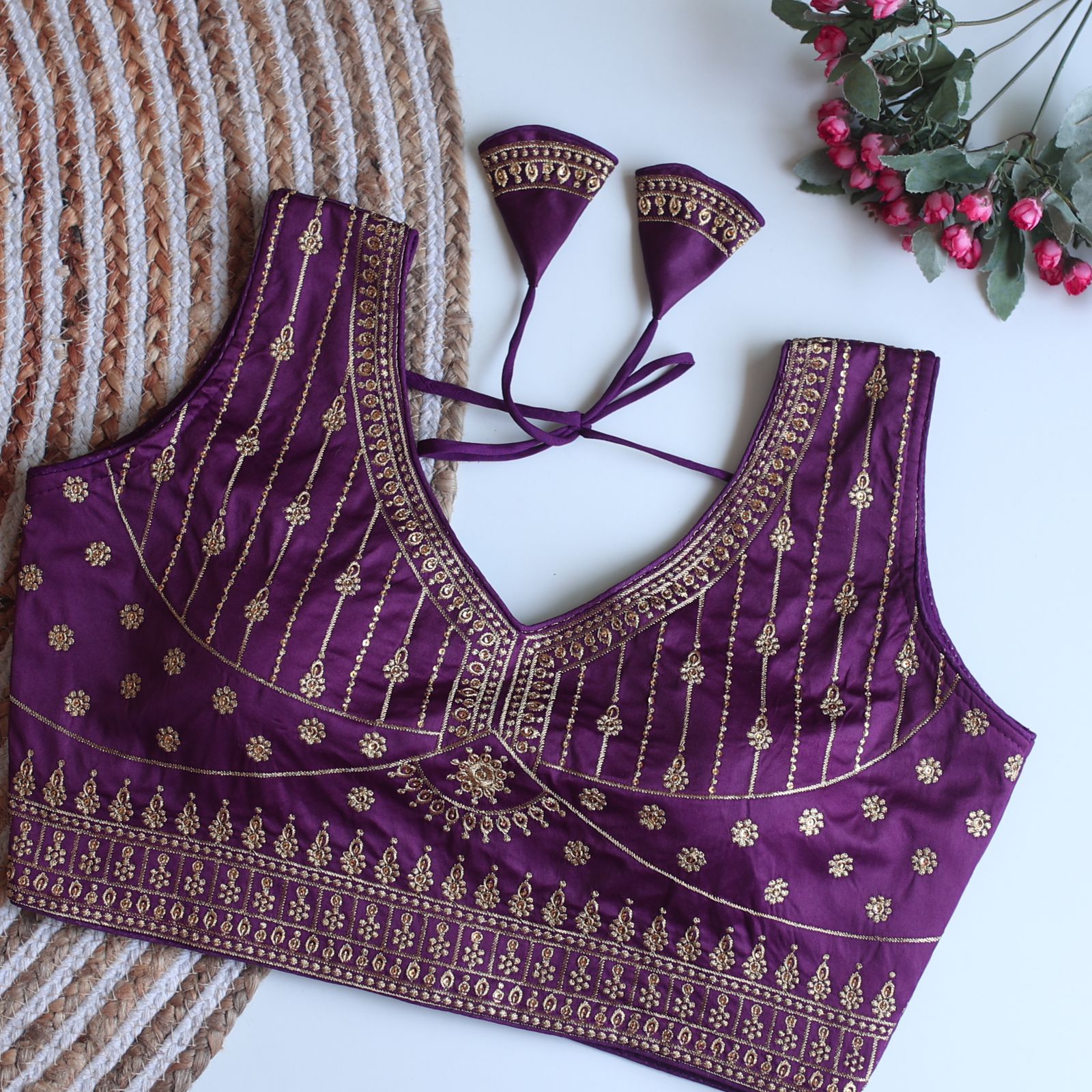 ClothsVilla Purple Full Embroidery Monsoon Silk Blouse with Golden Sequin Design