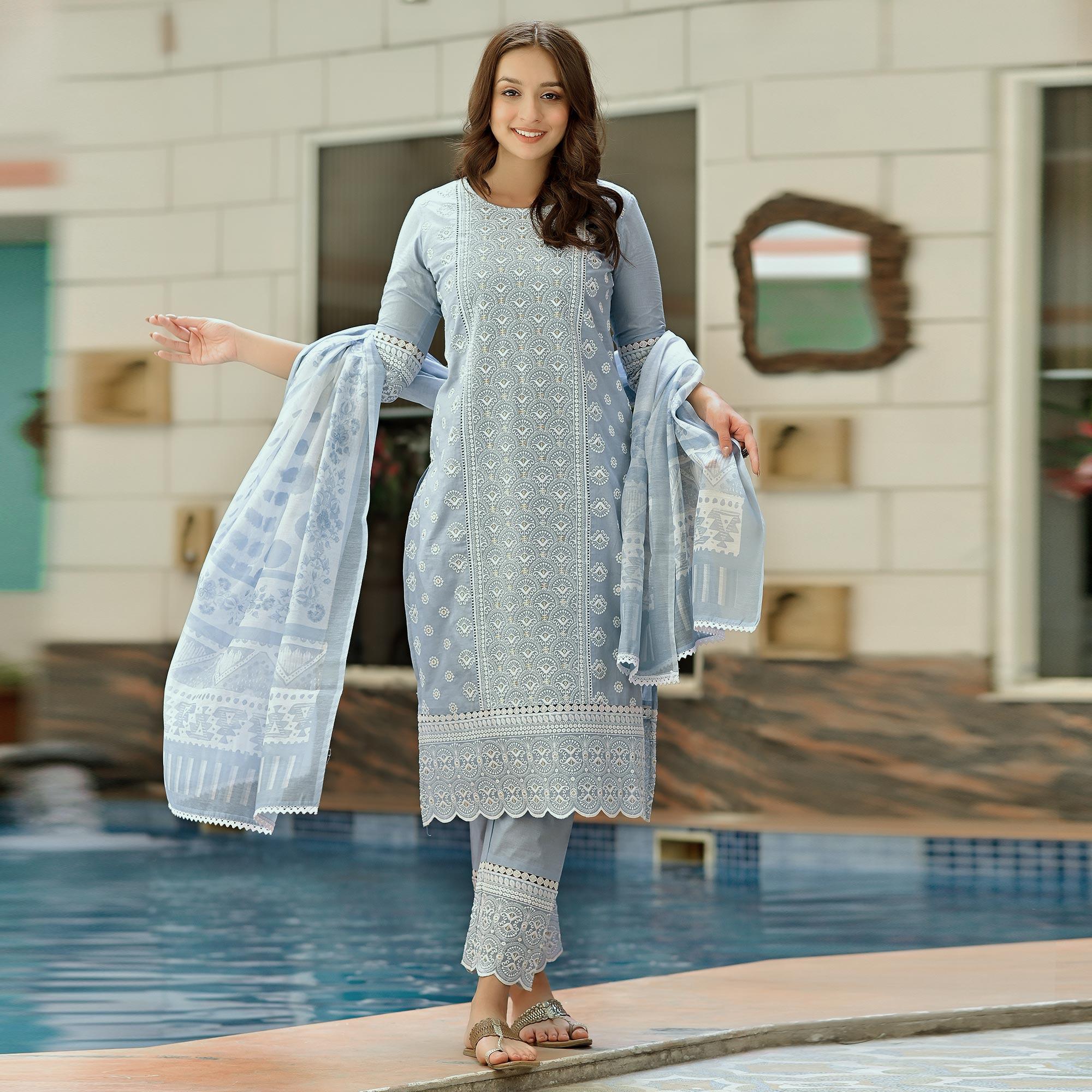 Peachmode Light Blue Lucknowi Embroidered Pure Cotton Kurti Pant Set with Dupatta - view 2
