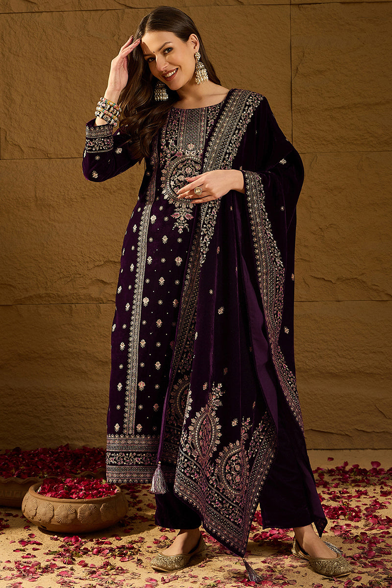 Ahika Purple Velvet Ethnic Motifs Printed Straight Trousers Suit Set PKSKD2883 - view 2