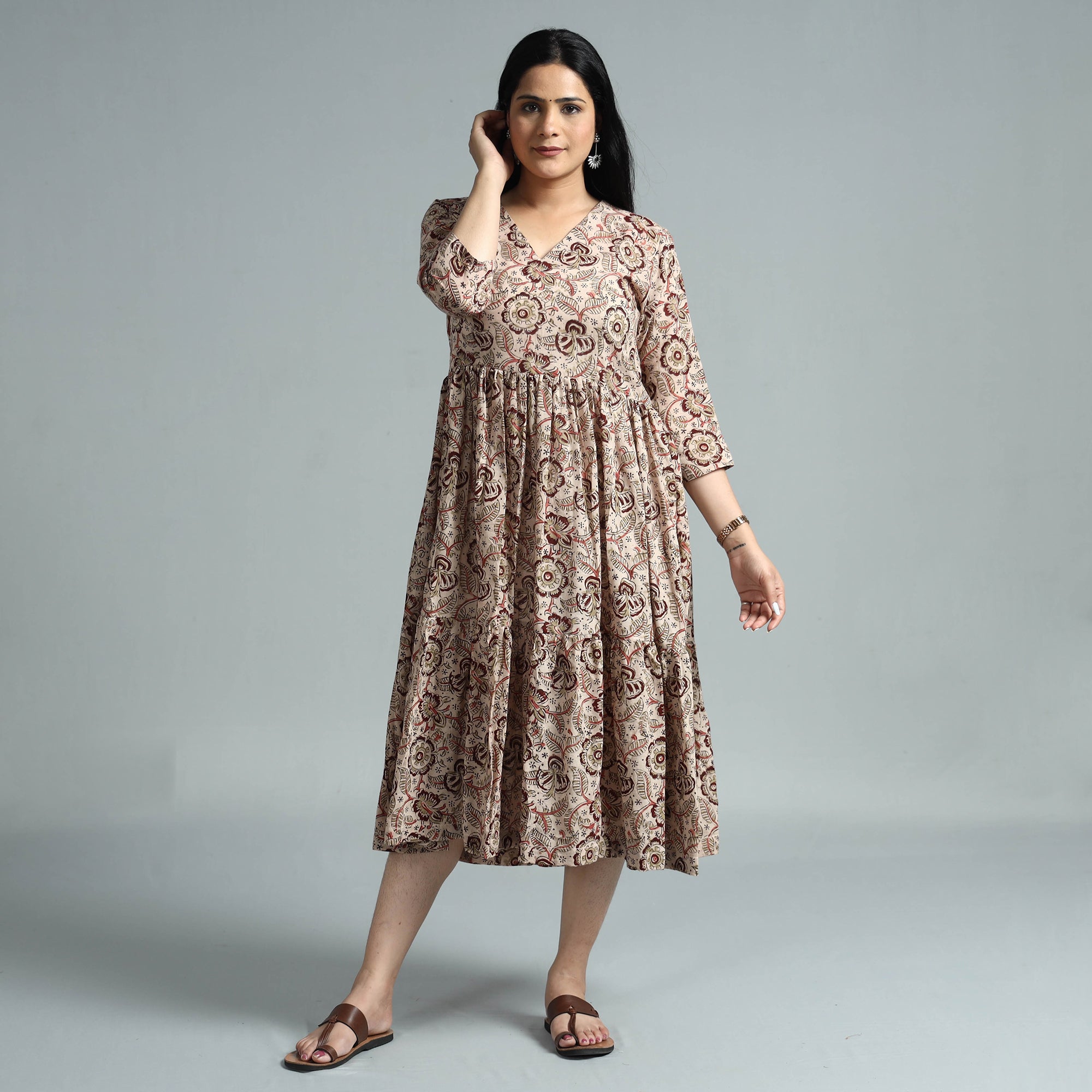 ITOKRI CASUALS Beige - Kalamkari Block Printed Mul Cotton Flared Gher Dress