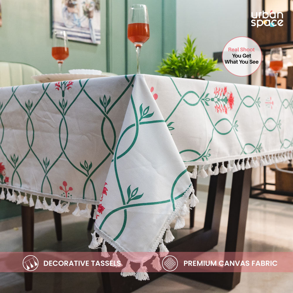Urban Space Home Furnishing 100% Cotton Dining Table Cover, Printed Cotton Table Cloth with Boho Tassels - Floral Ripples Pink - view 3