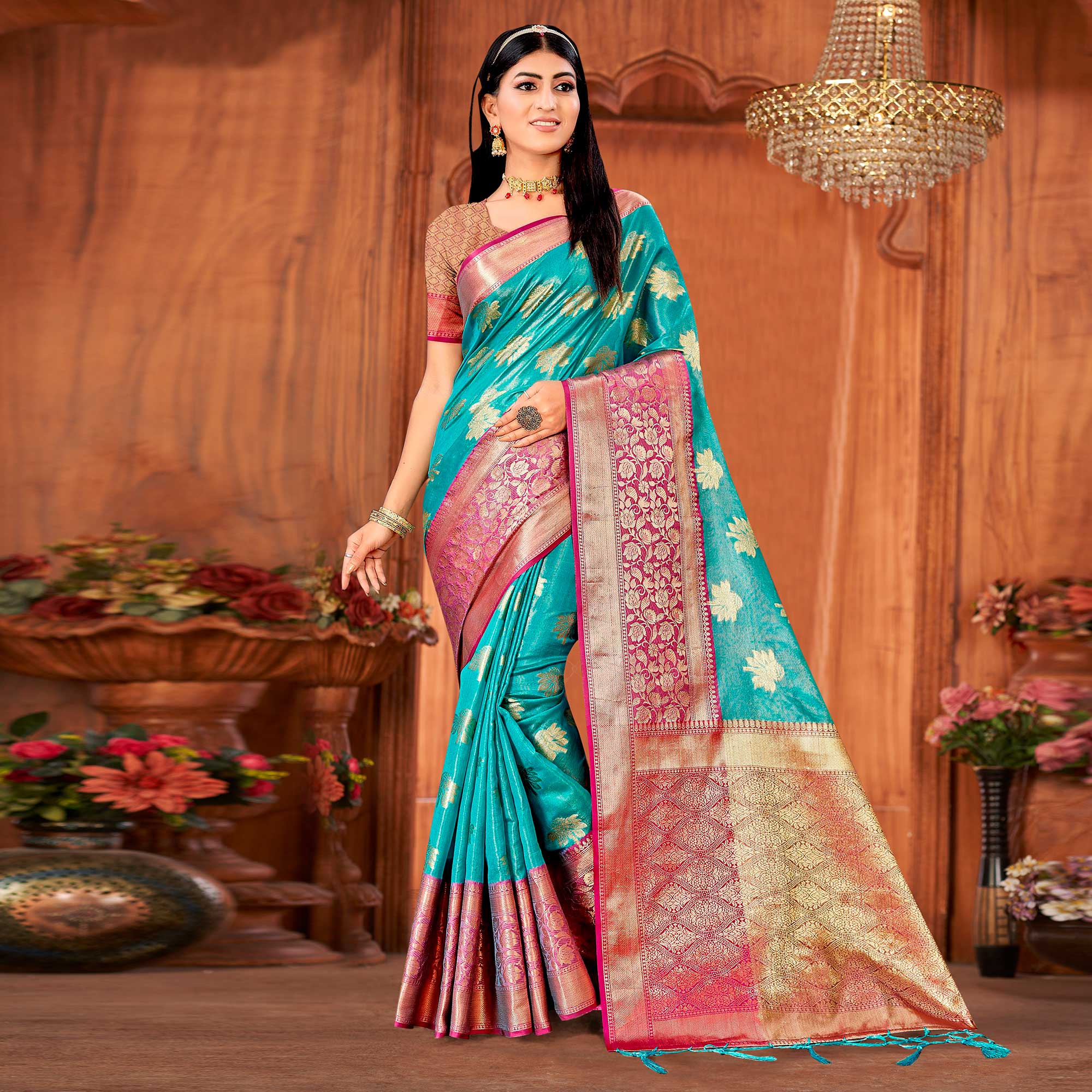 Peachmode Firozi Woven Art Silk Saree With Tassels