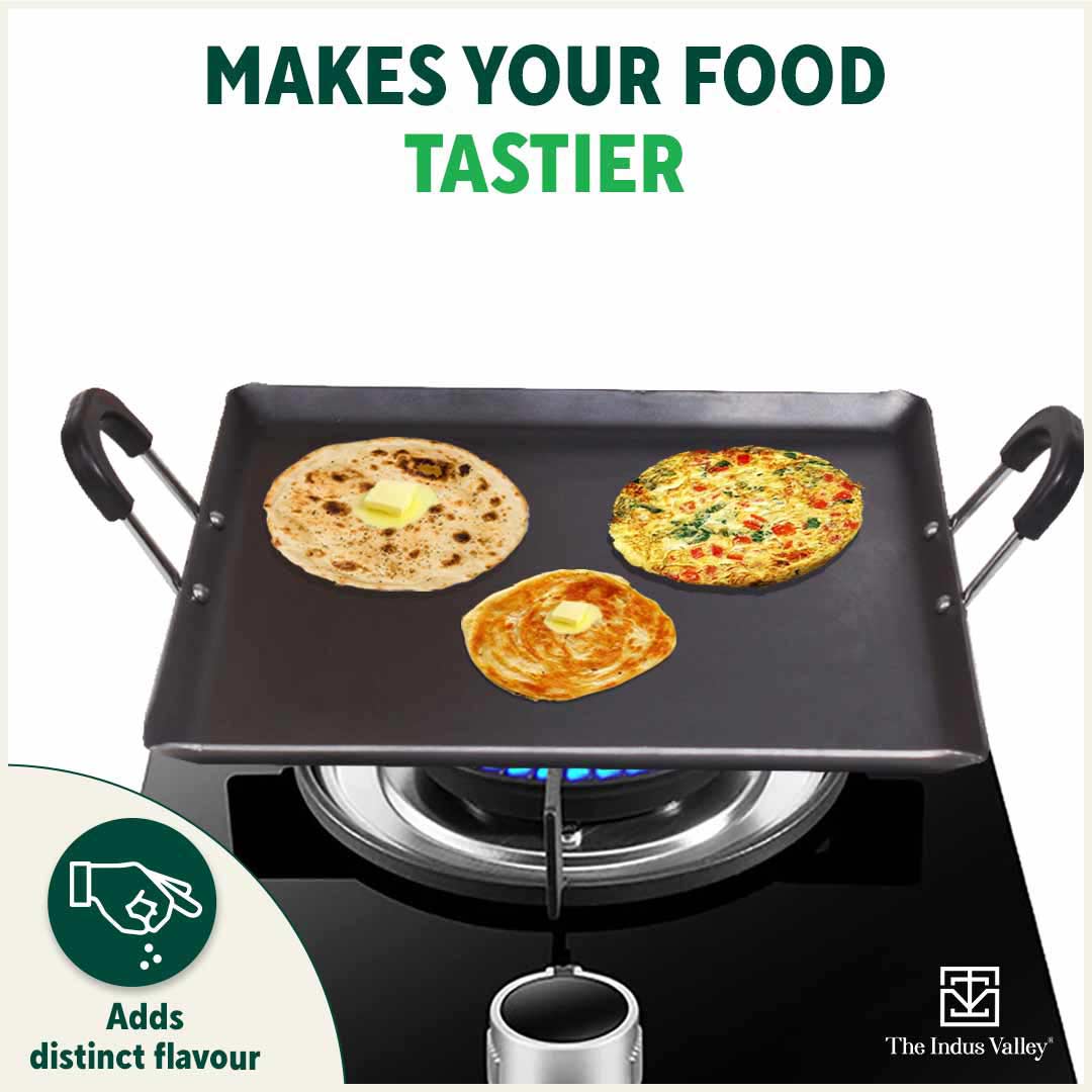 The Indus Valley 100% Pure Sheet Iron Tawa, Square, Cool Bakelite Handle, Seasoned, Toxin-free, Induction, 29.5cm, 1.88kg - view 9