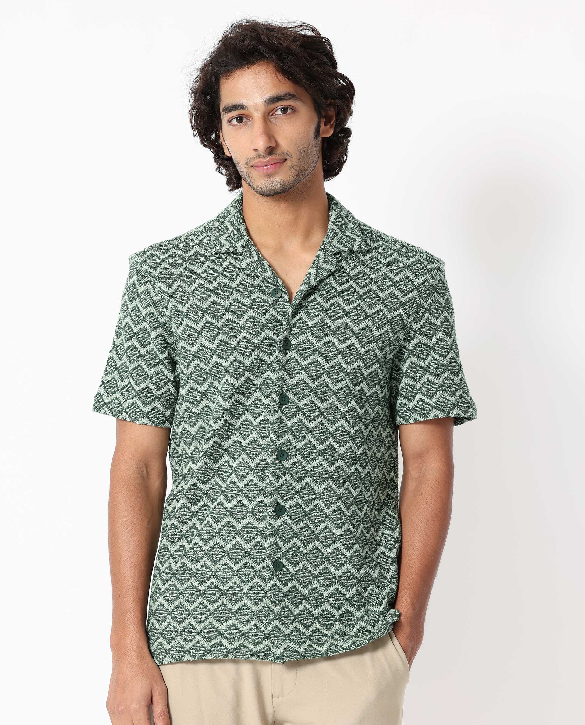 Rare Rabbit Men's Stretch Green Cotton Polyester Fabric Cuban Collar Half Sleeves Geometric Knitted Shirt