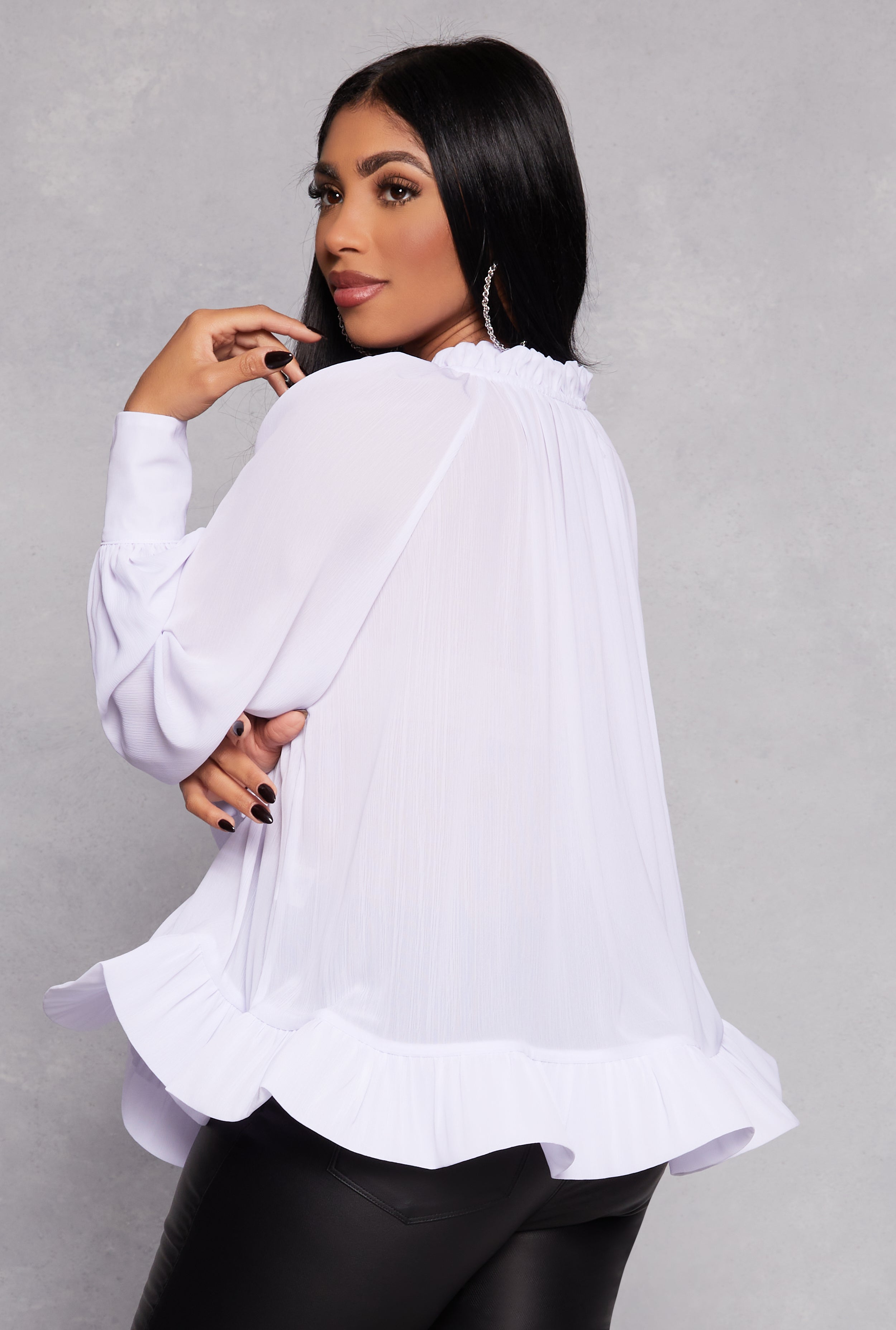 Rainbow Shops Chiffon Tie Keyhole Long Sleeve Blouse - view 3