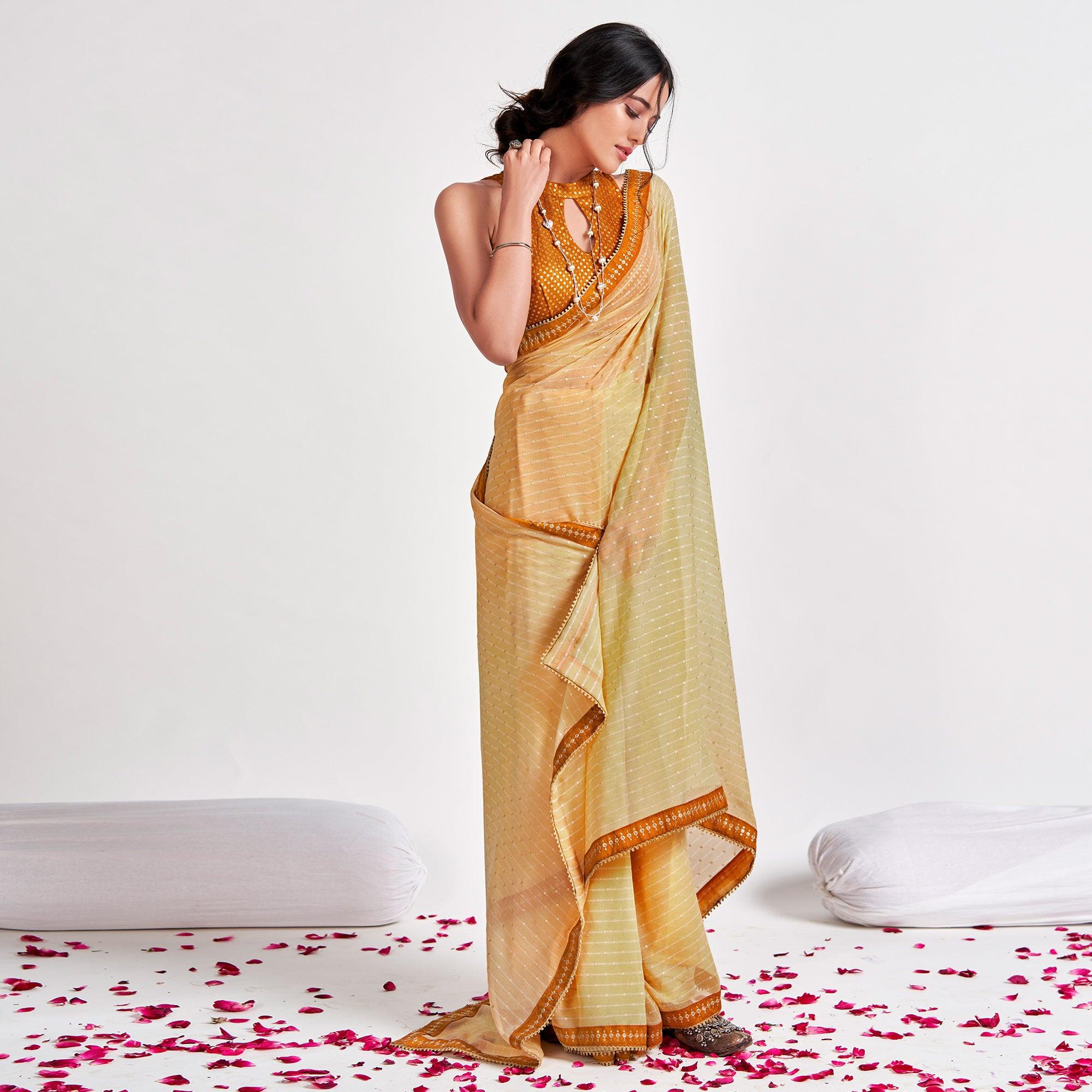Peachmode Light Yellow Partywear Sequins Foil Printed Georgette Saree