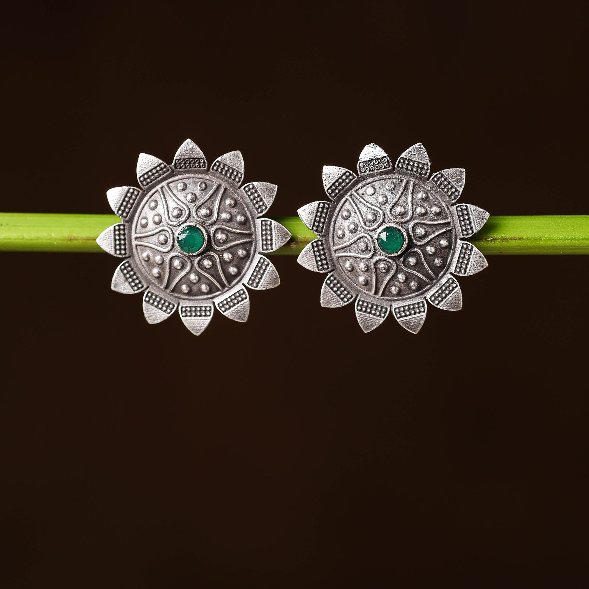 WHITE RIVER STORIES Antique Silver Finish Oxidised Brass Base Stone Work Stud Earrings