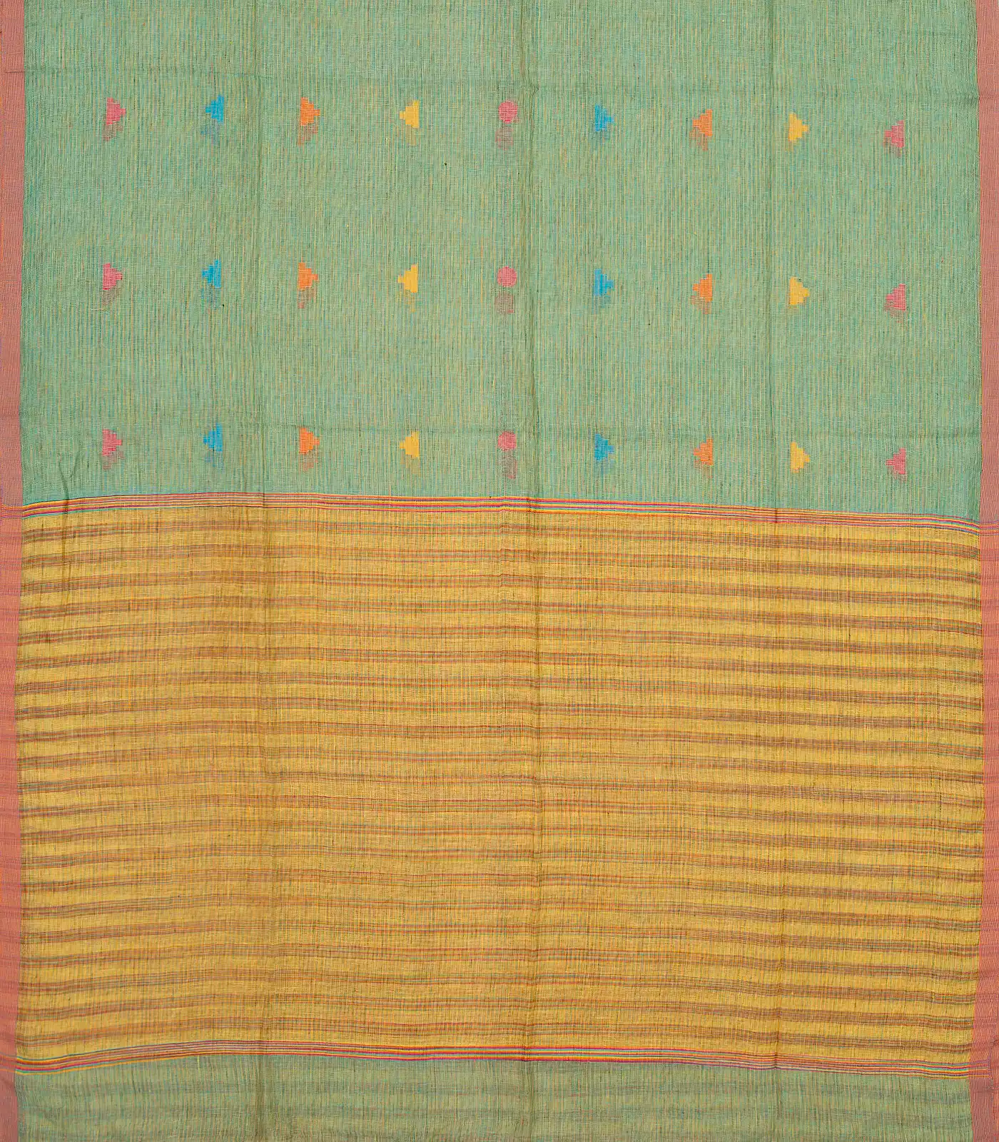 RmKV Aquamarine Handloom Linen Saree With Temple Buttas - view 2