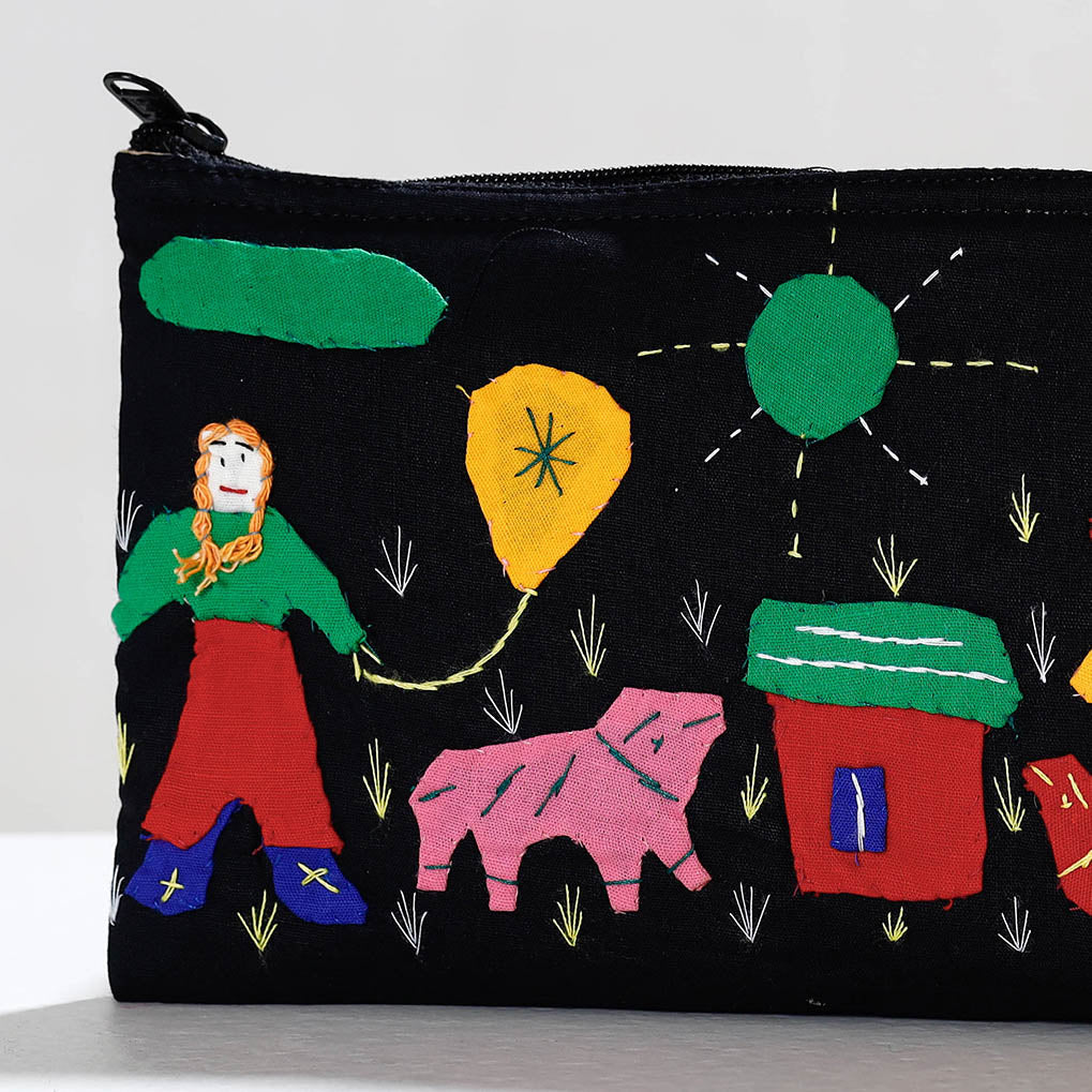 ASHOKA ASSEMBLE - CELEBRATING CRAFTS OF ODISHA Black - Pipli Applique Work Cotton Cosmetic Pouch - view 2