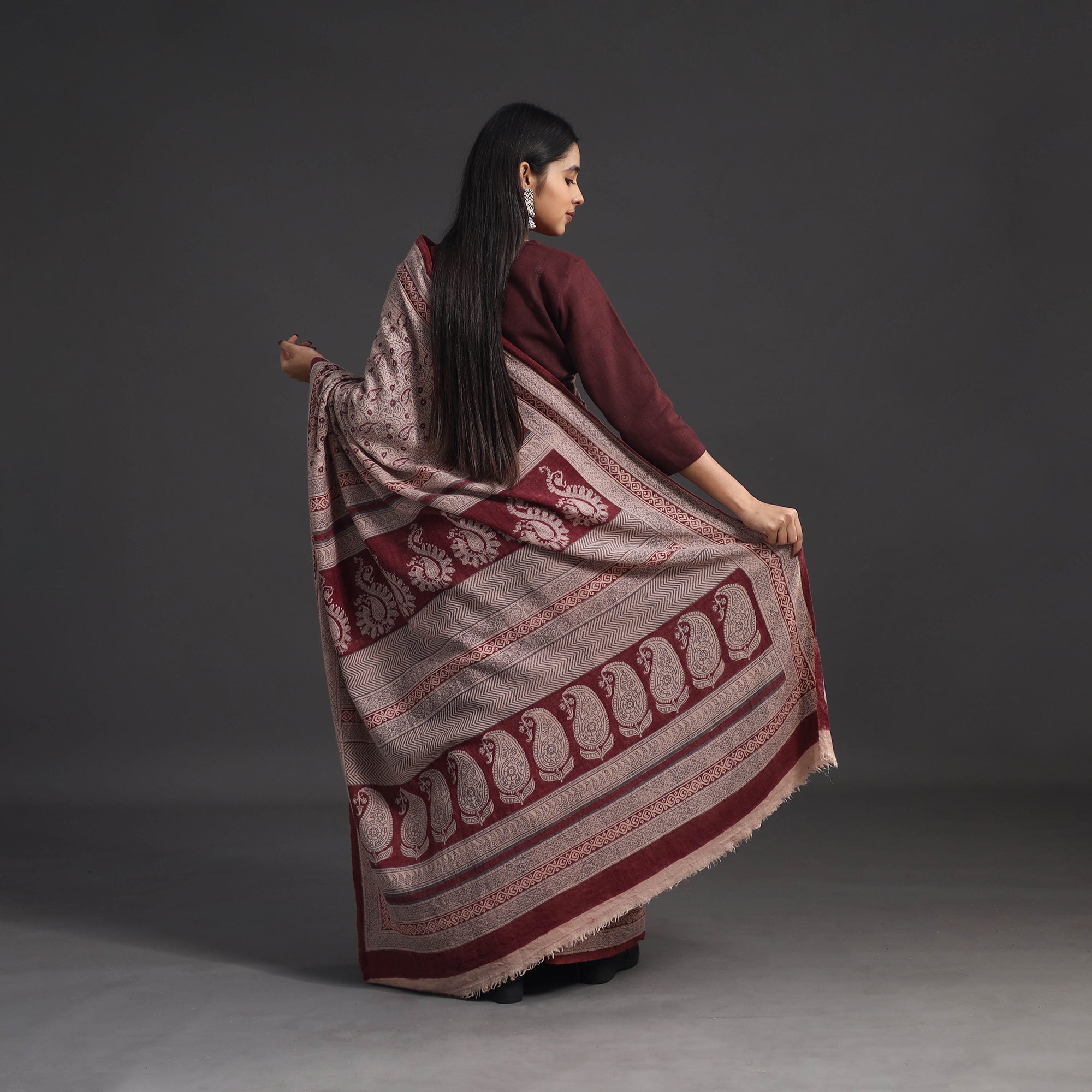 BAGH PRINTS BY UMAR FARUK KHATRI Brown - Handwoven Merino Wool Bagh Block Print Saree 01 - view 2