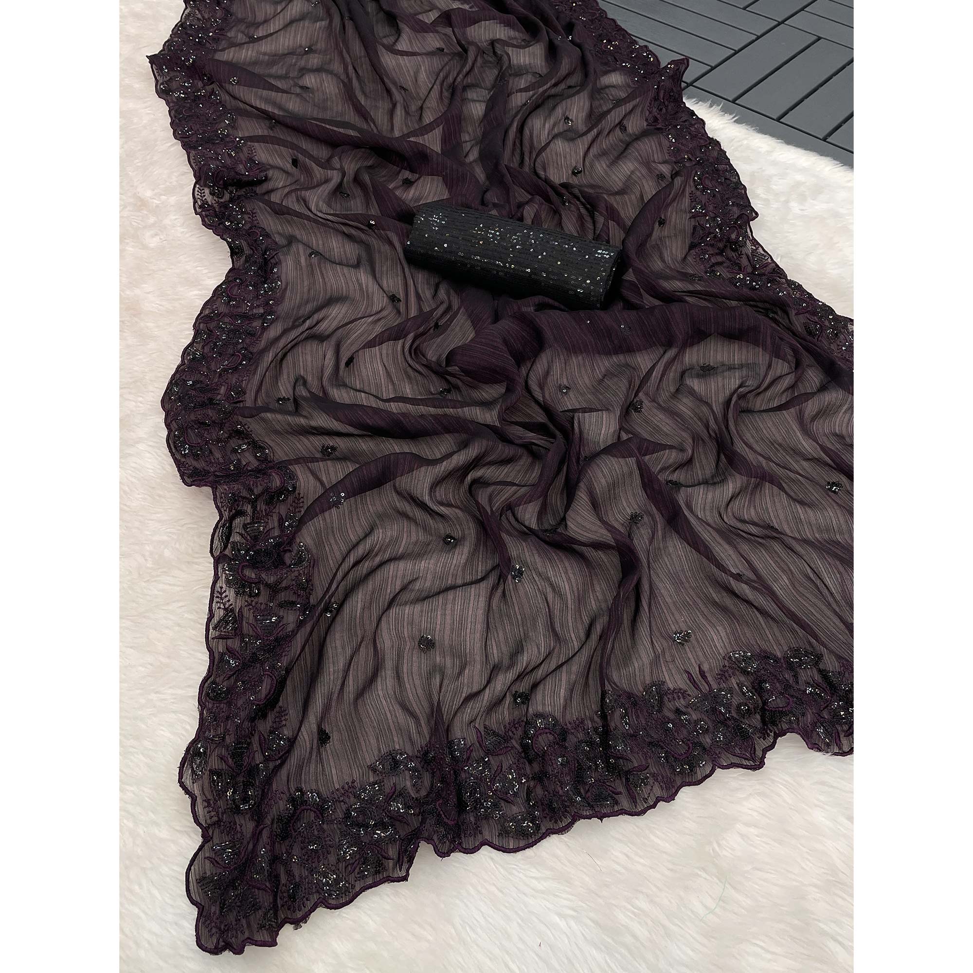 Peachmode Dark Wine Sequins Embroidered Chiffon Saree - view 4