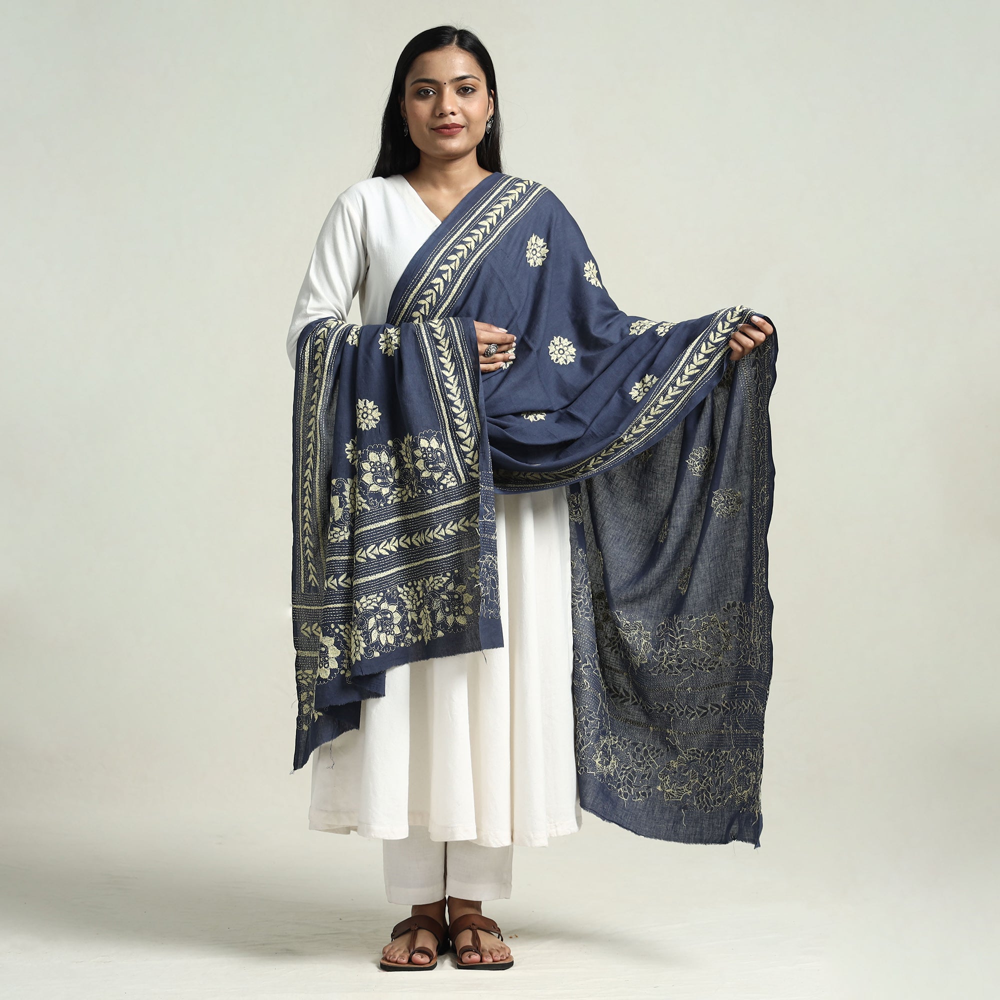 KHUSHBASH - HAPPY LOOM OF EAST Blue - Bolpur Kantha Embroidery Cotton Handloom Dupatta with Tassels - view 2