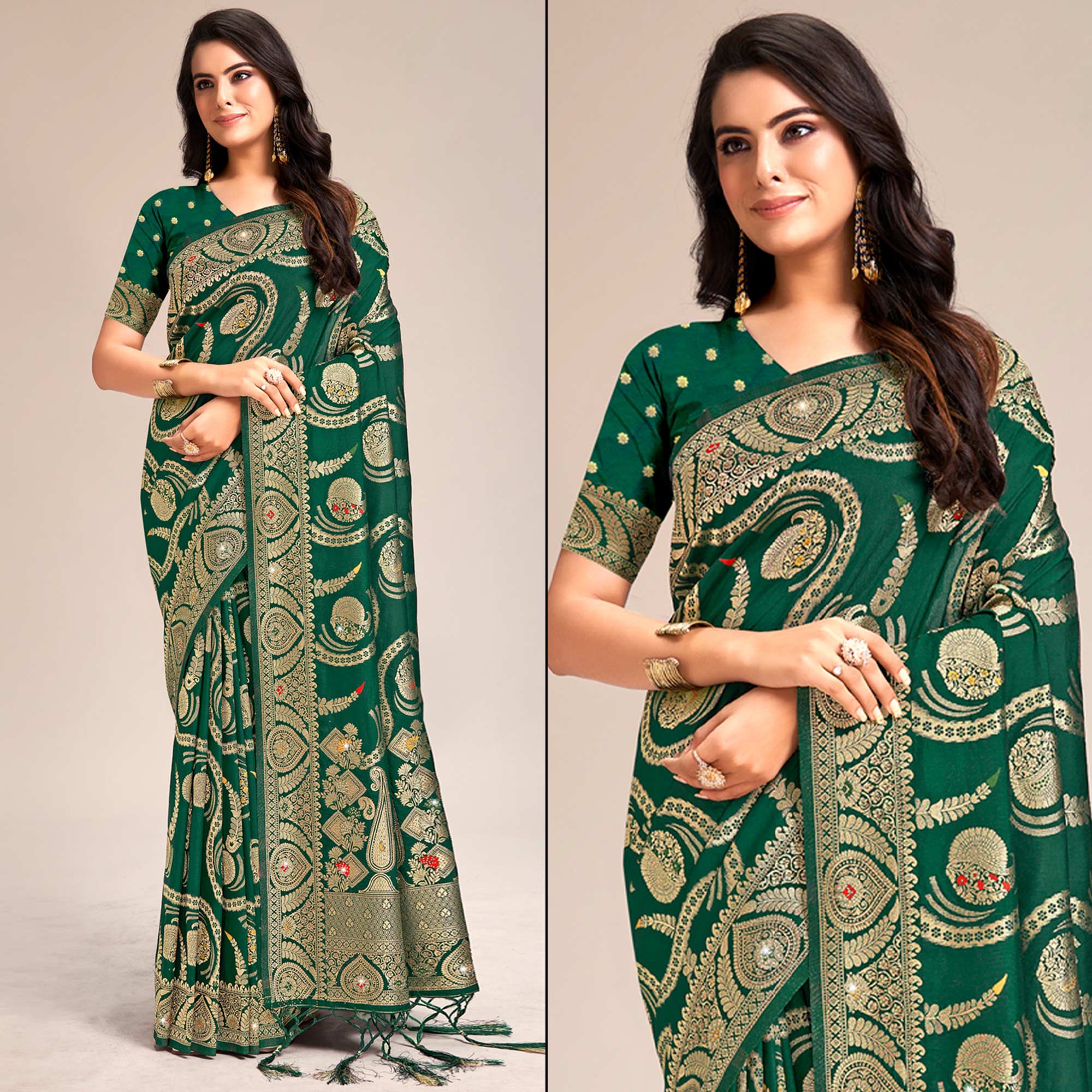 Peachmode Dark Green Woven Banarasi Silk Saree With Tassels