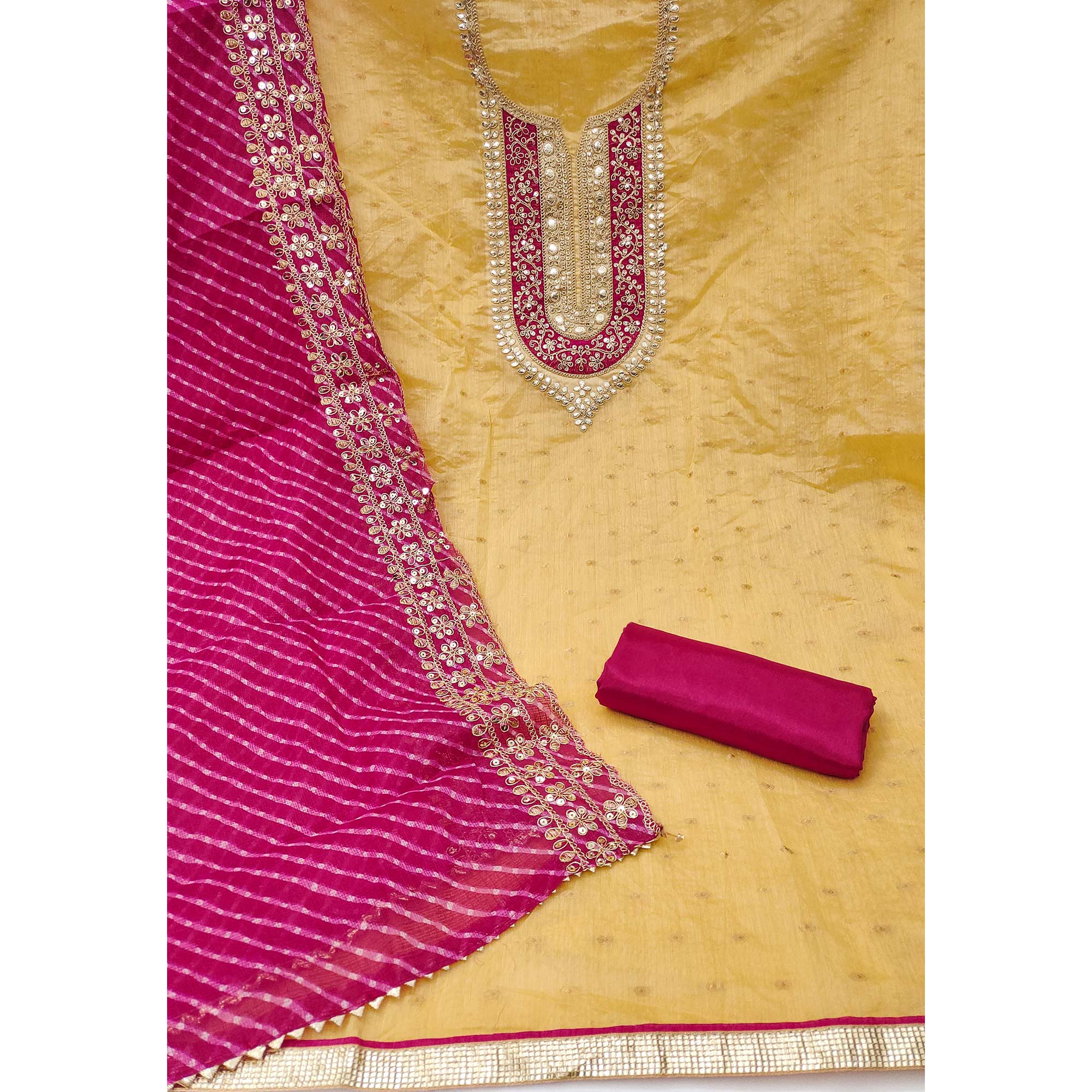 Peachmode Yellow Woven With Sequins Embroidered Modal Chanderi Silk Dress Material - view 3