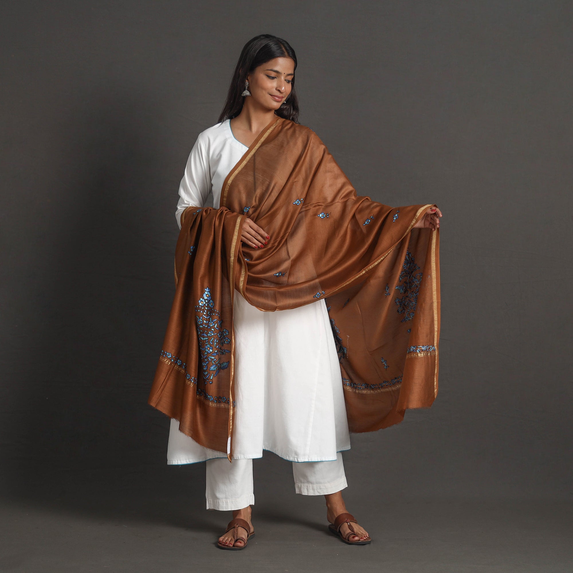 ITOKRI CRAFTS INITIATIVE Brown - Handloom Chanderi Silk Kashida Embroidery Dupatta 16 - view 2