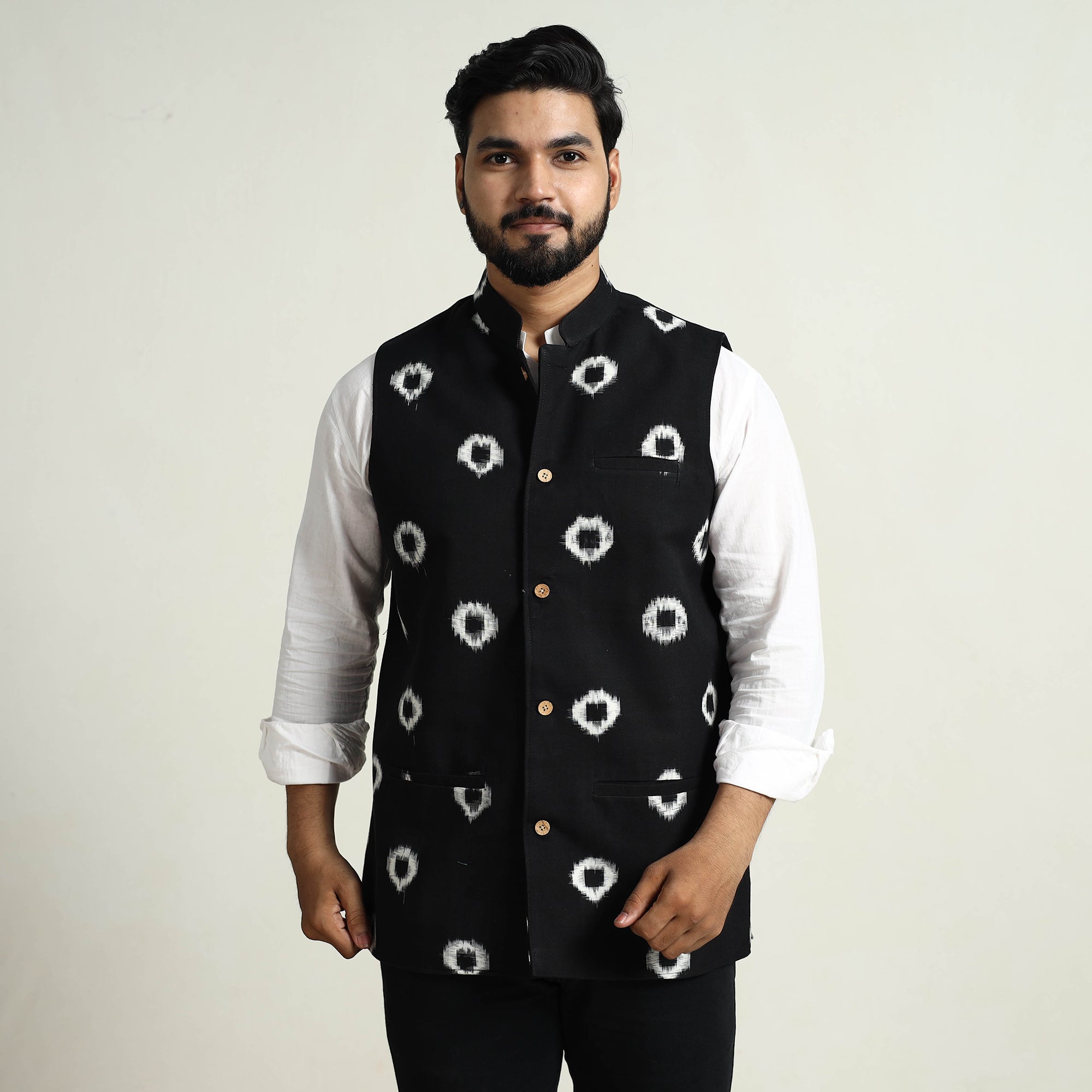ITOKRI CASUALS Black - Pochampally Double Ikat Handloom Cotton Men Nehru Jacket 07