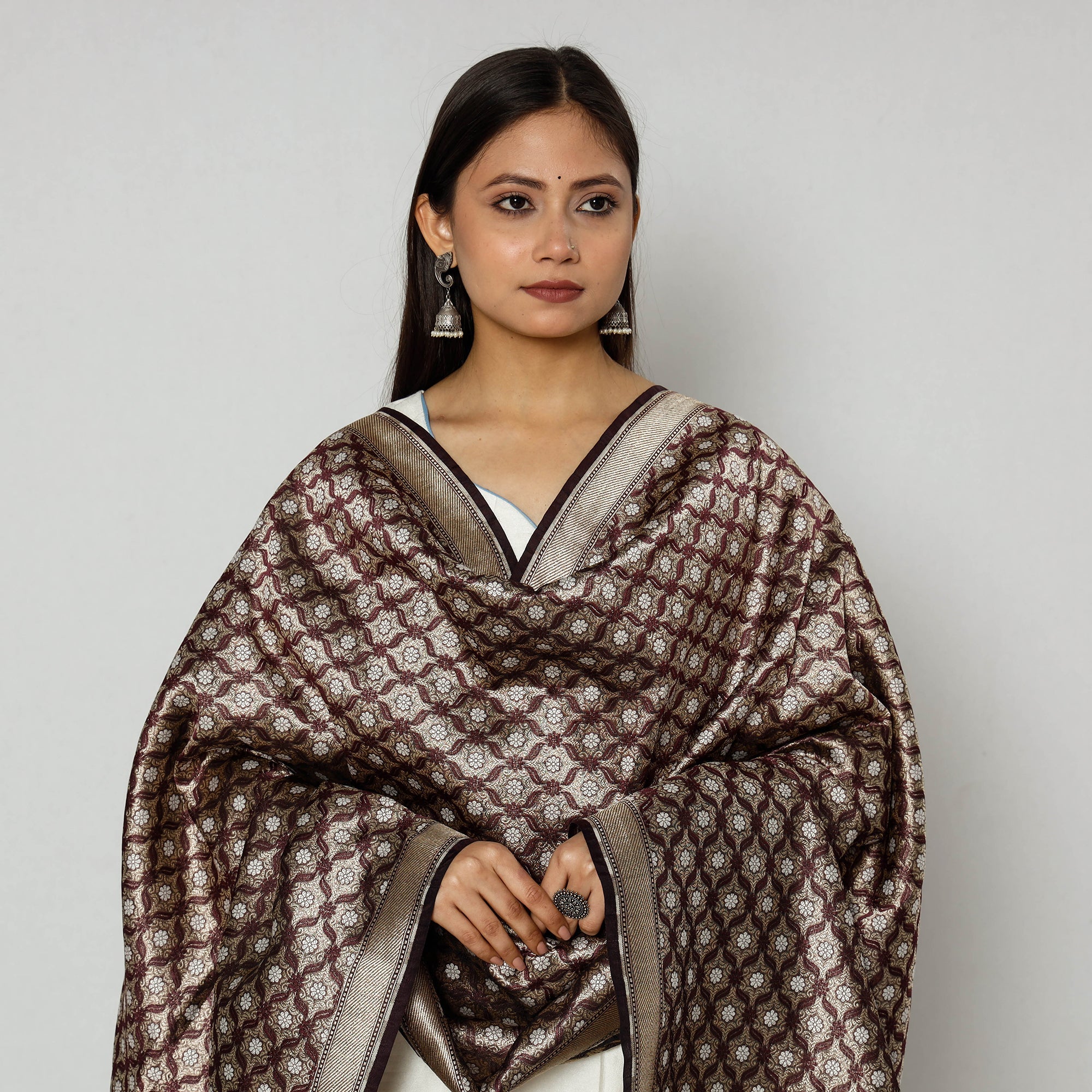 BANARASI BY MAQBUL HASAN Brown - Banarasi Silk Handwoven Zari Buti Dupatta with Tassels