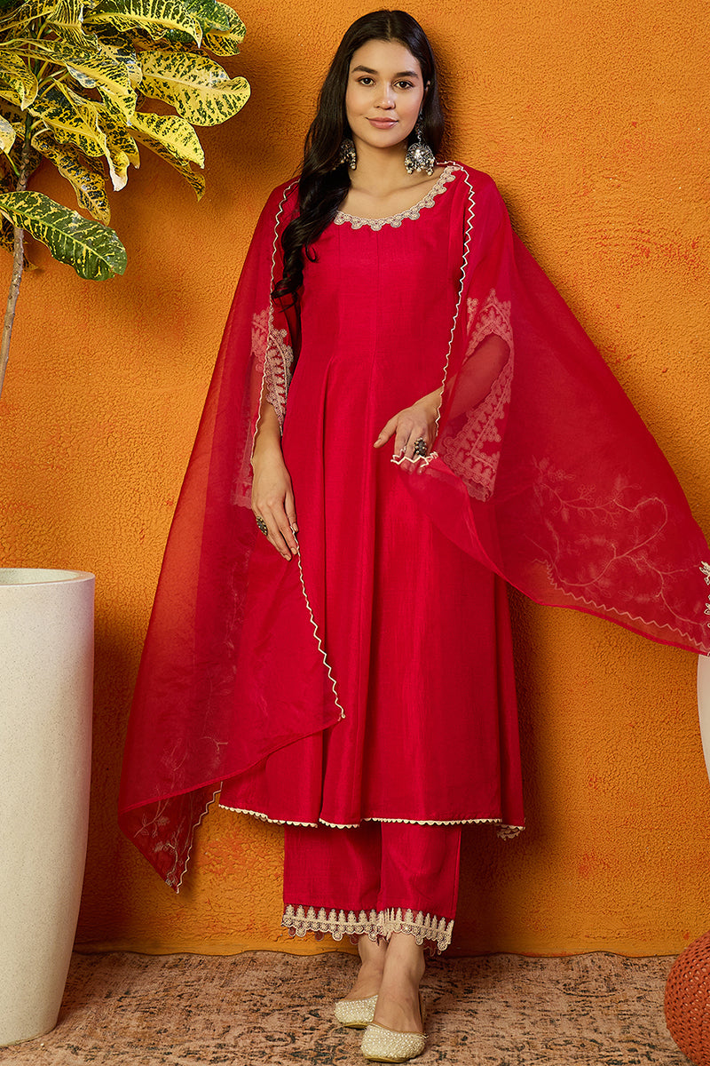 Ahika Fuchsia Pink Silk Blend Solid Embroidered Flared Suit Set PKSKD2365 - view 7