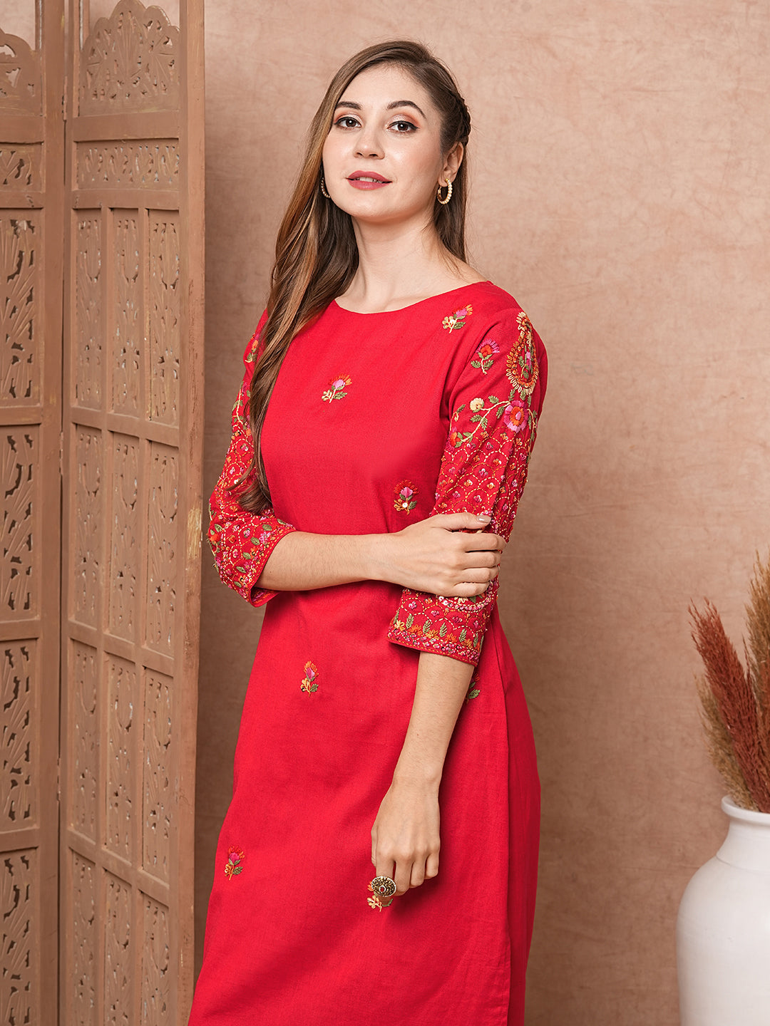 FASHOR Floral Hand Sequin Embroidered Straight Fit Kurta - Red - view 2