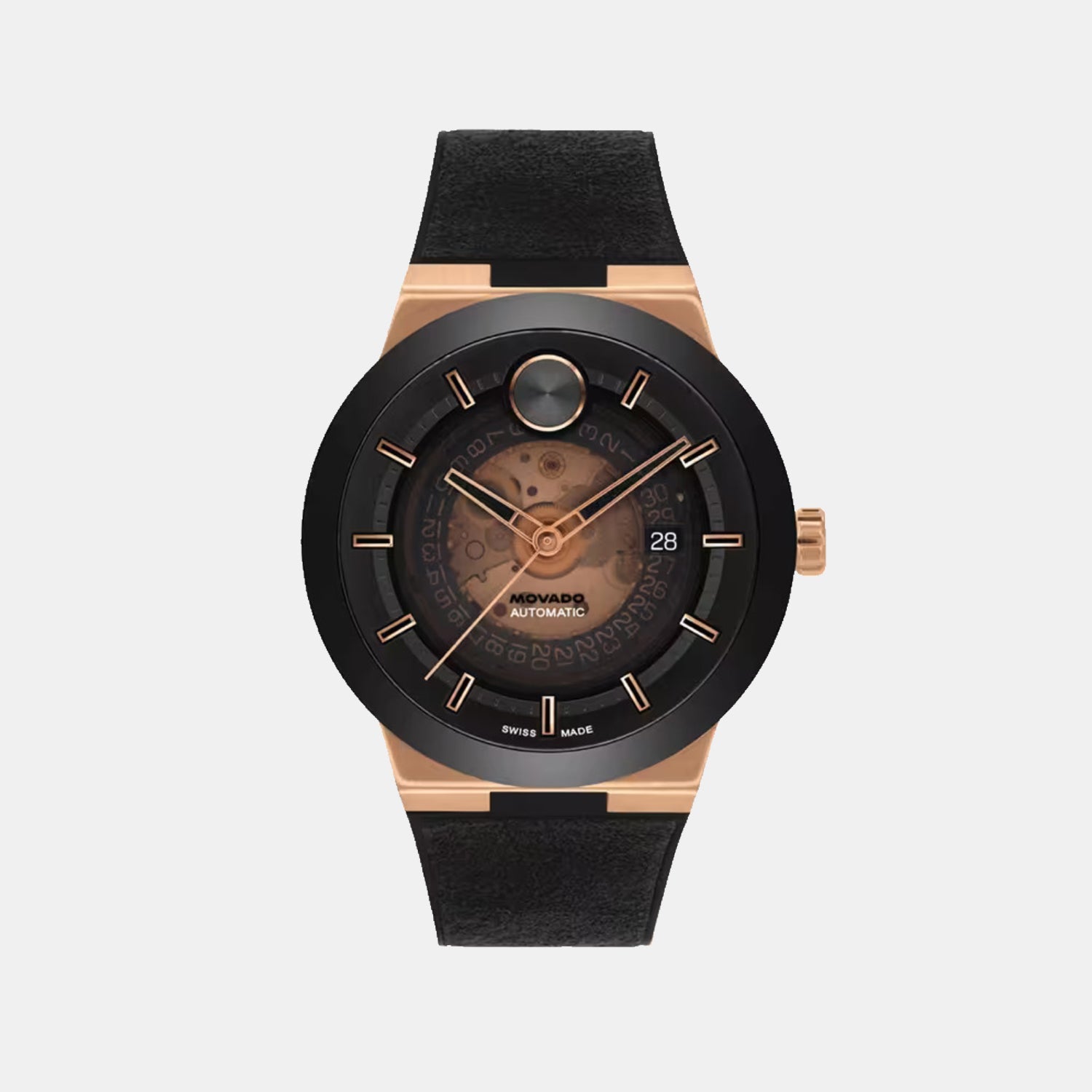 Movado Bold Fusion Men Quartz Black And Rose Gold Transparent Dial Analog Rubber Watch 3600947