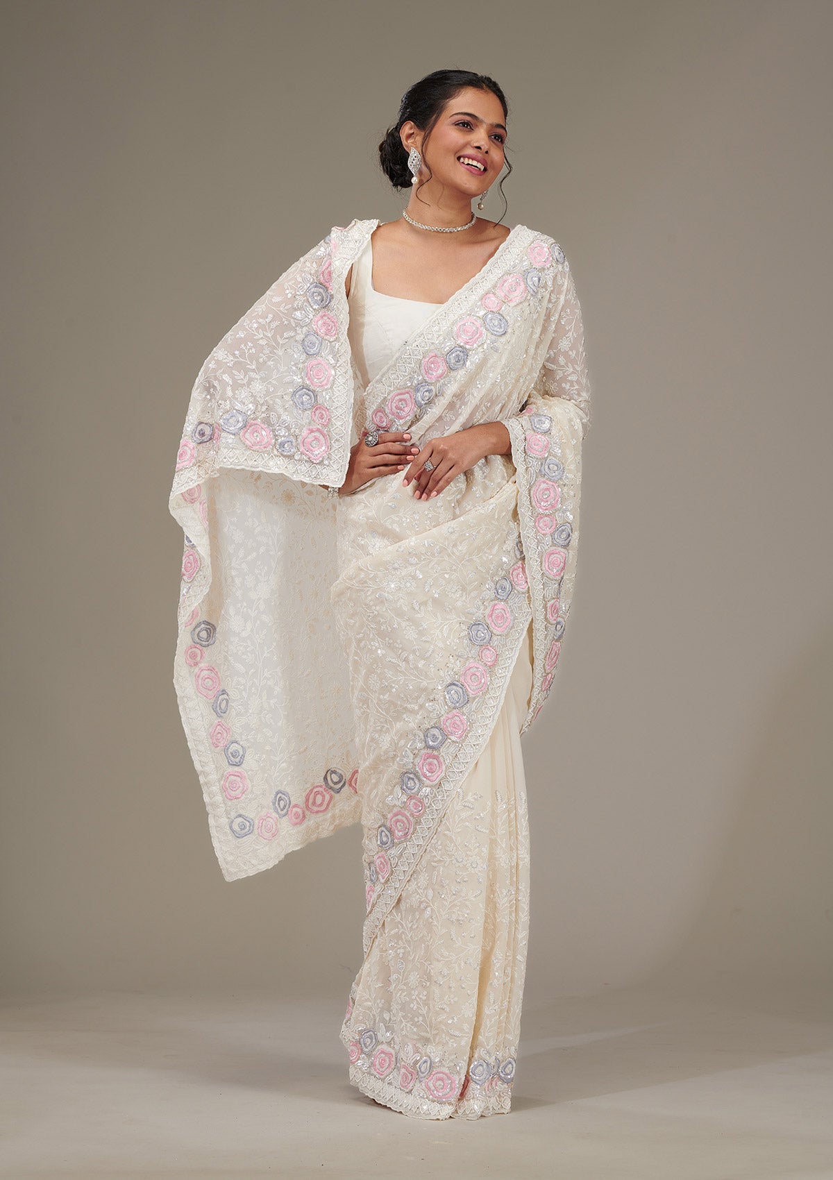 Koskii Cream Zariwork Georgette Saree – Women's
