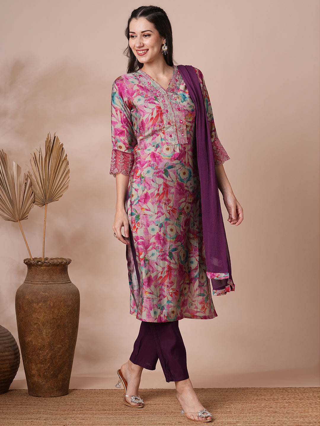 FASHOR Floral Printed & Embroidered Straight Fit Kurta with Pant and Dupatta - Pink - view 5