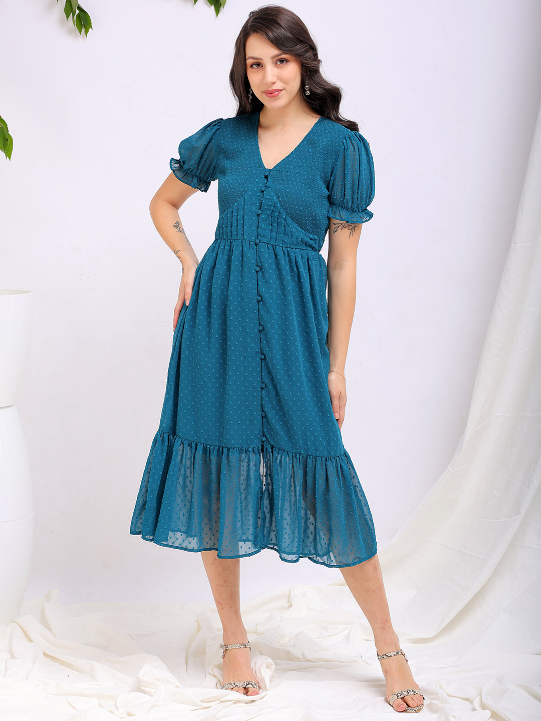 Freehand by The Indian Garage Co Women's Teal Fit and Flare Textured V neck Tiered Dress - view 3