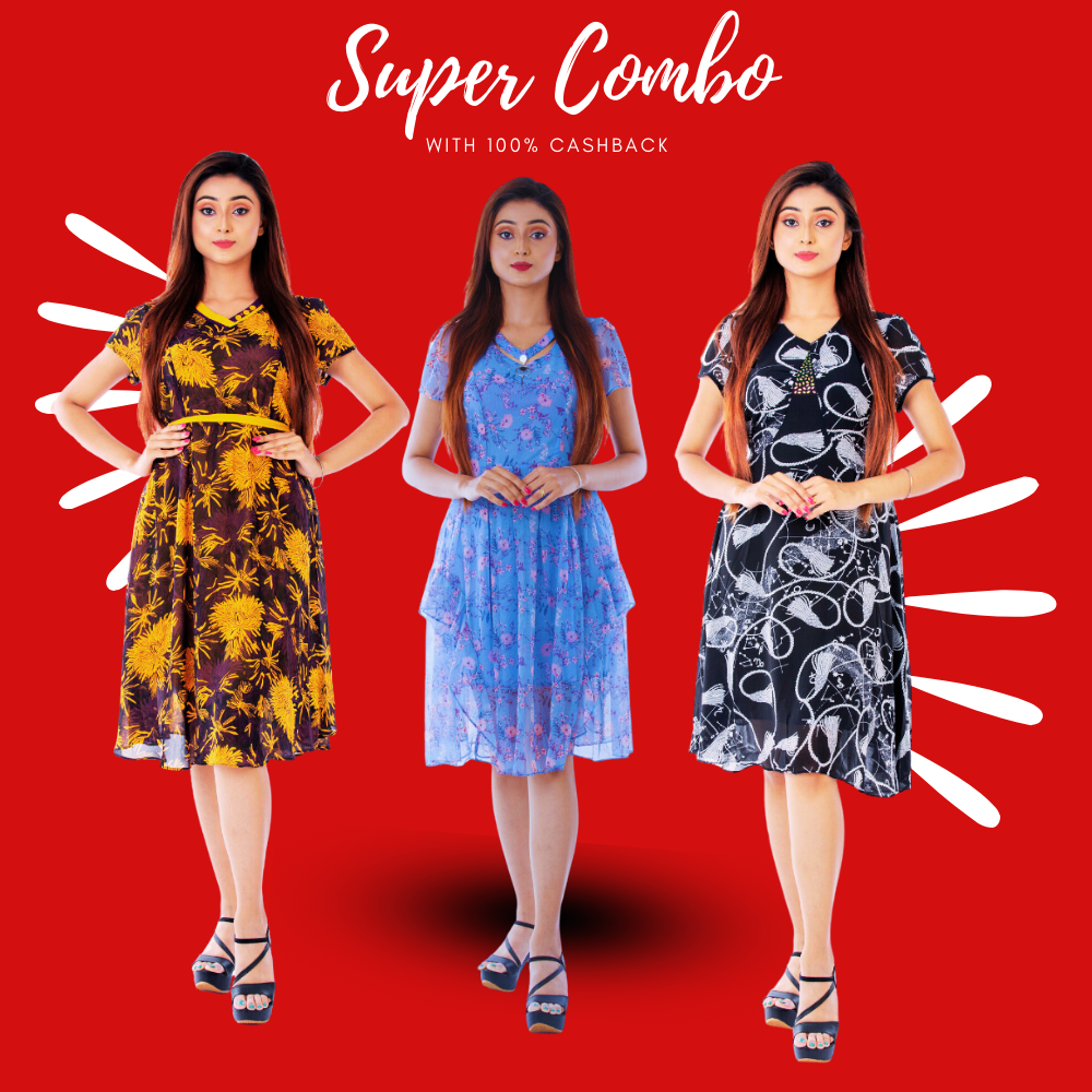 BlackTree Pack Of 3 Imported Floral Dresses Crafted From Luxurious Italian Fabric With 100% Cashback .