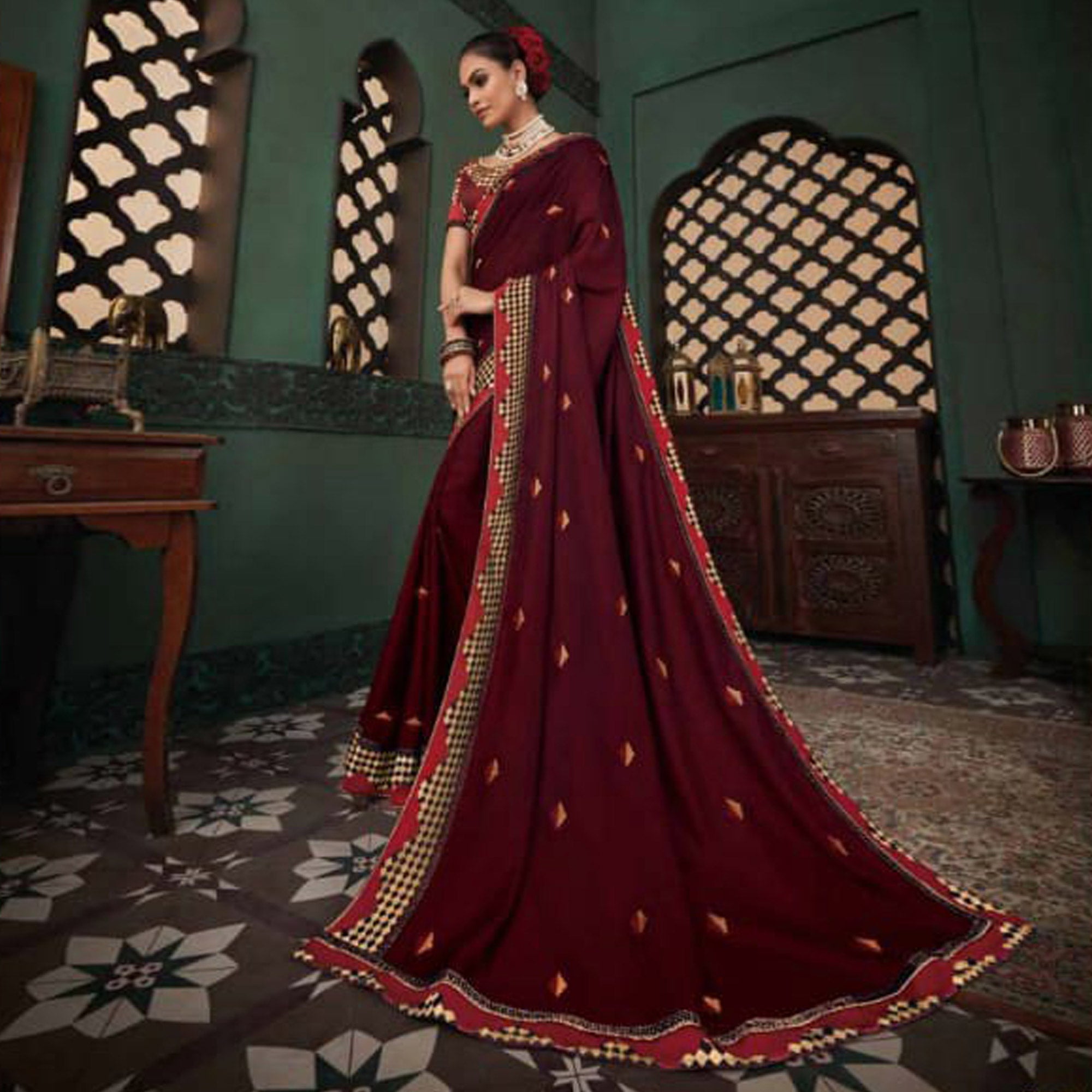 Peachmode Maroon Embroidered Satin Saree – Women's