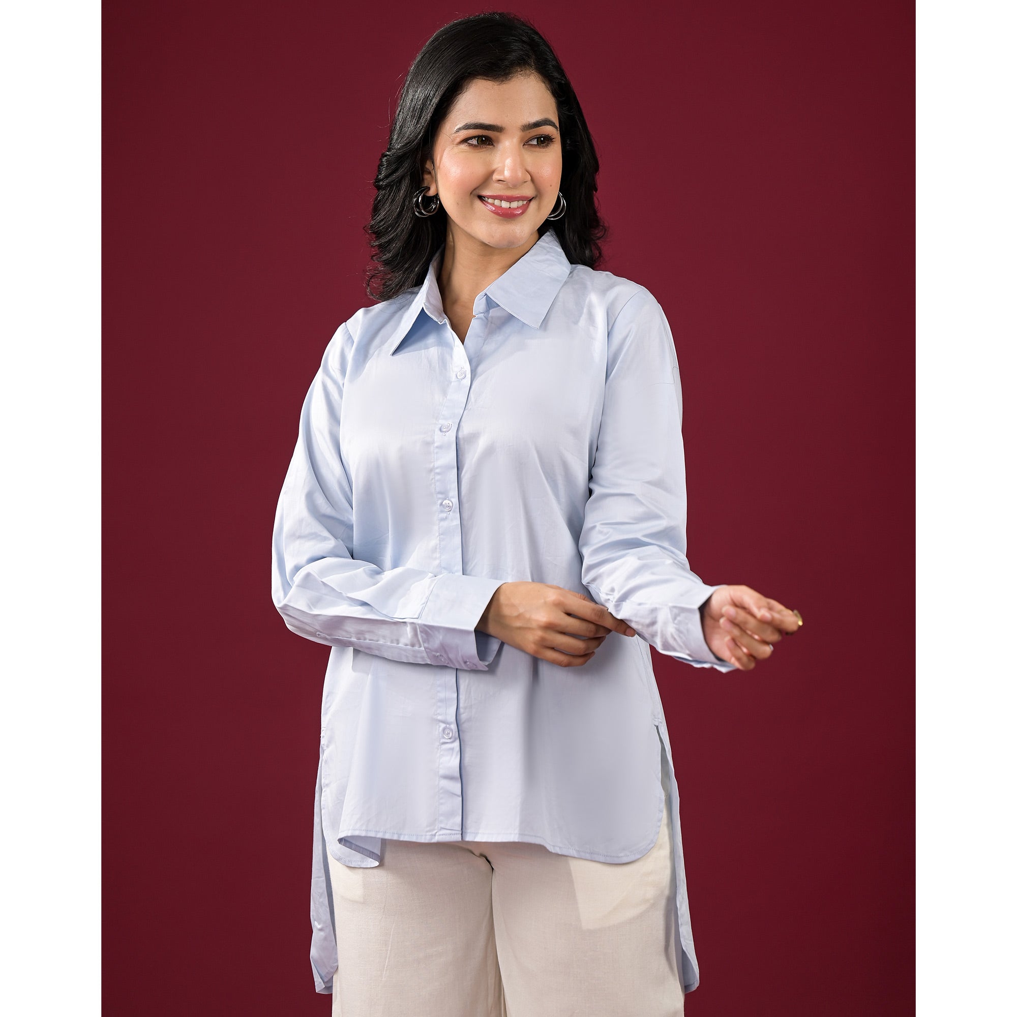 Peachmode Light Blue Solid Satin High-Low Shirt - view 3
