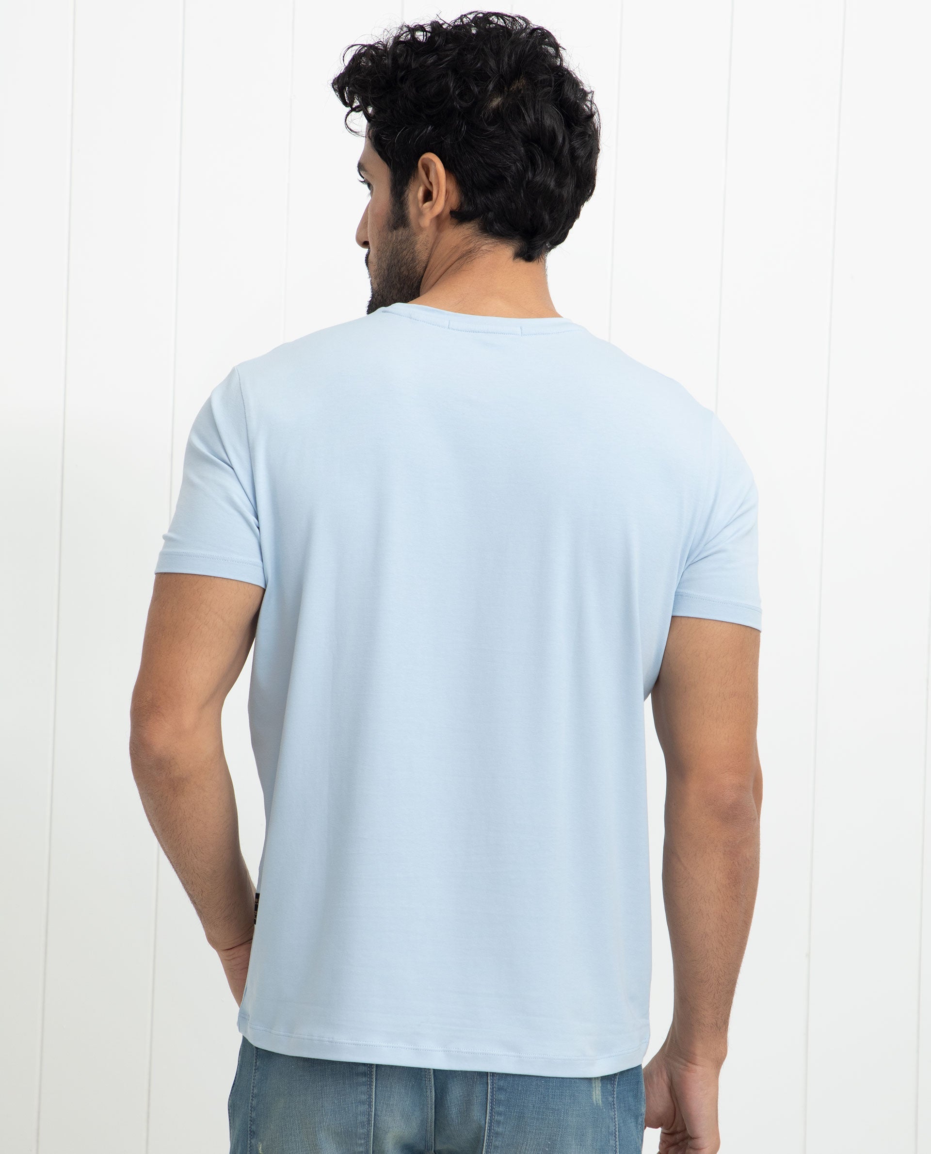 Rare Rabbit Men's Reed Blue Crew Neck Abstract Print With Branding Half Sleeves Slim Fit T-Shirt - view 10