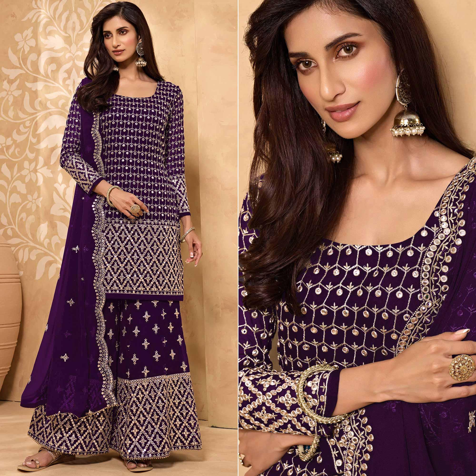 Peachmode Dark Purple Embroidered-Embellished Georgette Sharara Suit