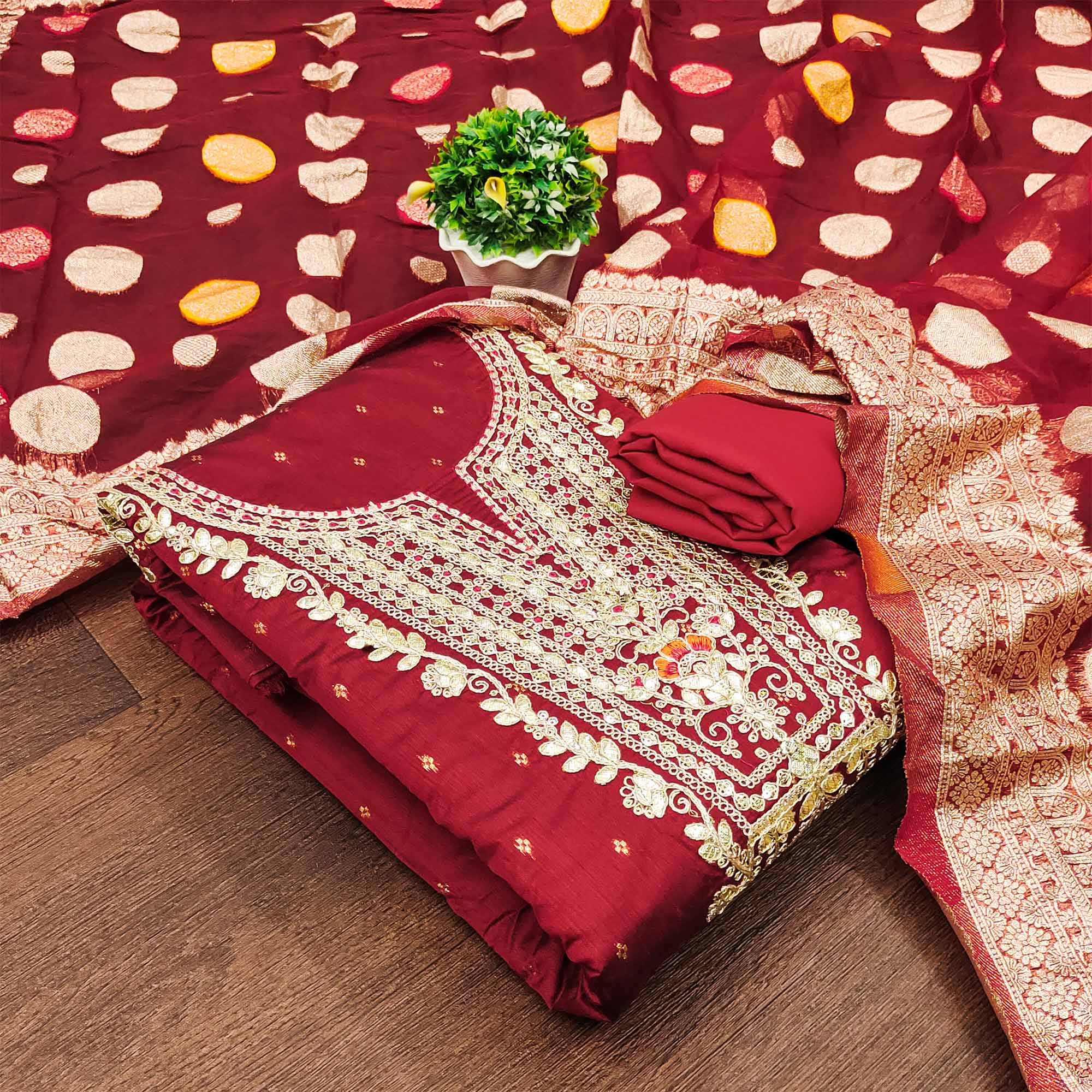 Peachmode Maroon Butti With Embroidered Chanderi Dress Material