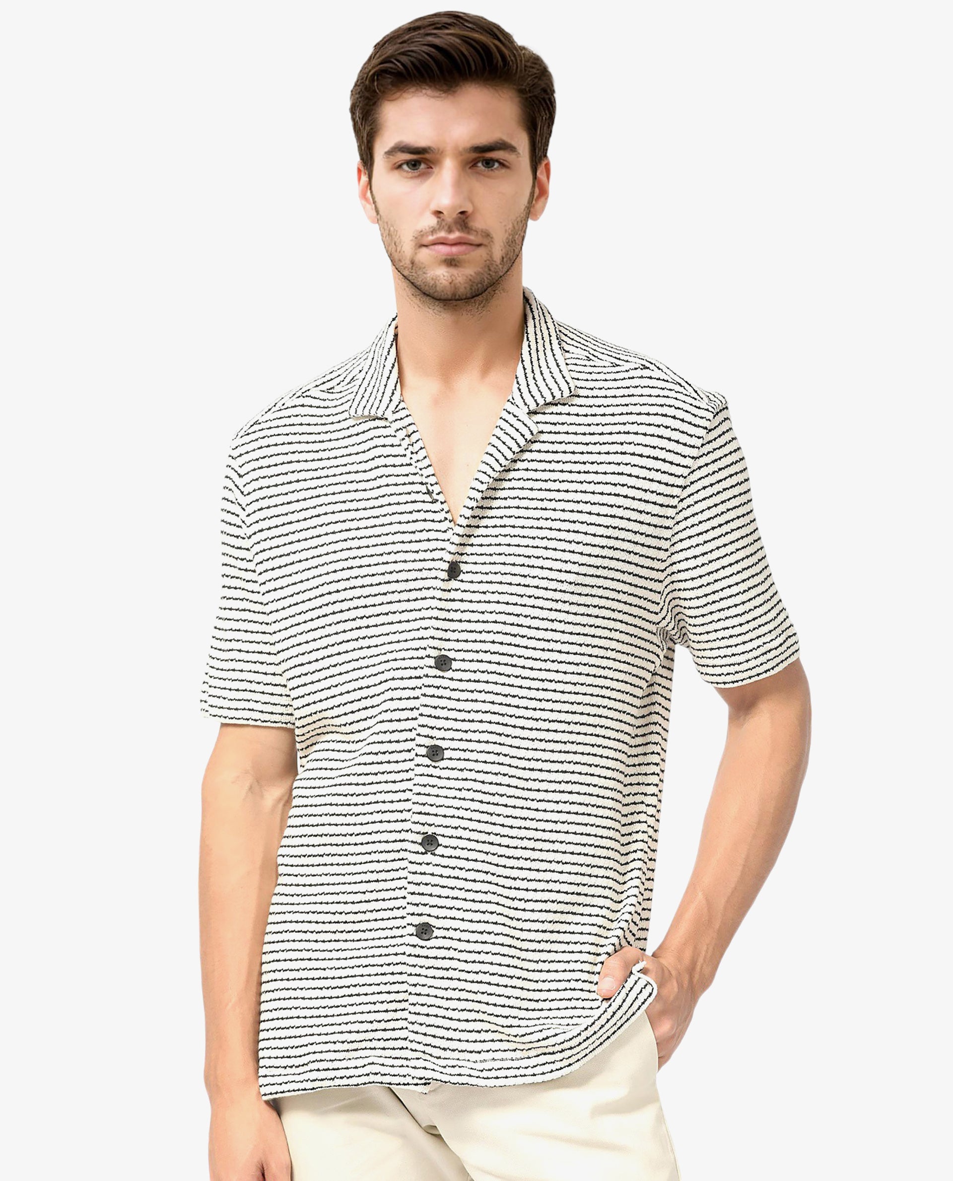 Rare Rabbit Men's Puller Off White Cotton Polyester Fabric Cuban Collar Half Sleeves Striped Shirt